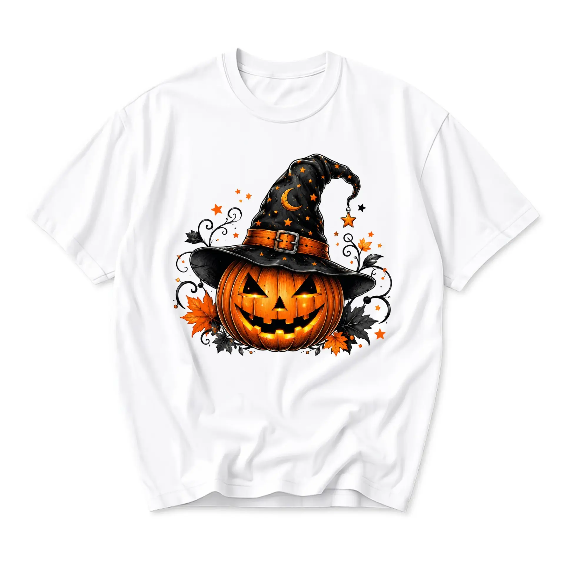 Graphic Tee Pumpkin with Witch Hat Design Unisex Short Sleeve Crew Neck Cotton Casual Holiday Festive Apparel