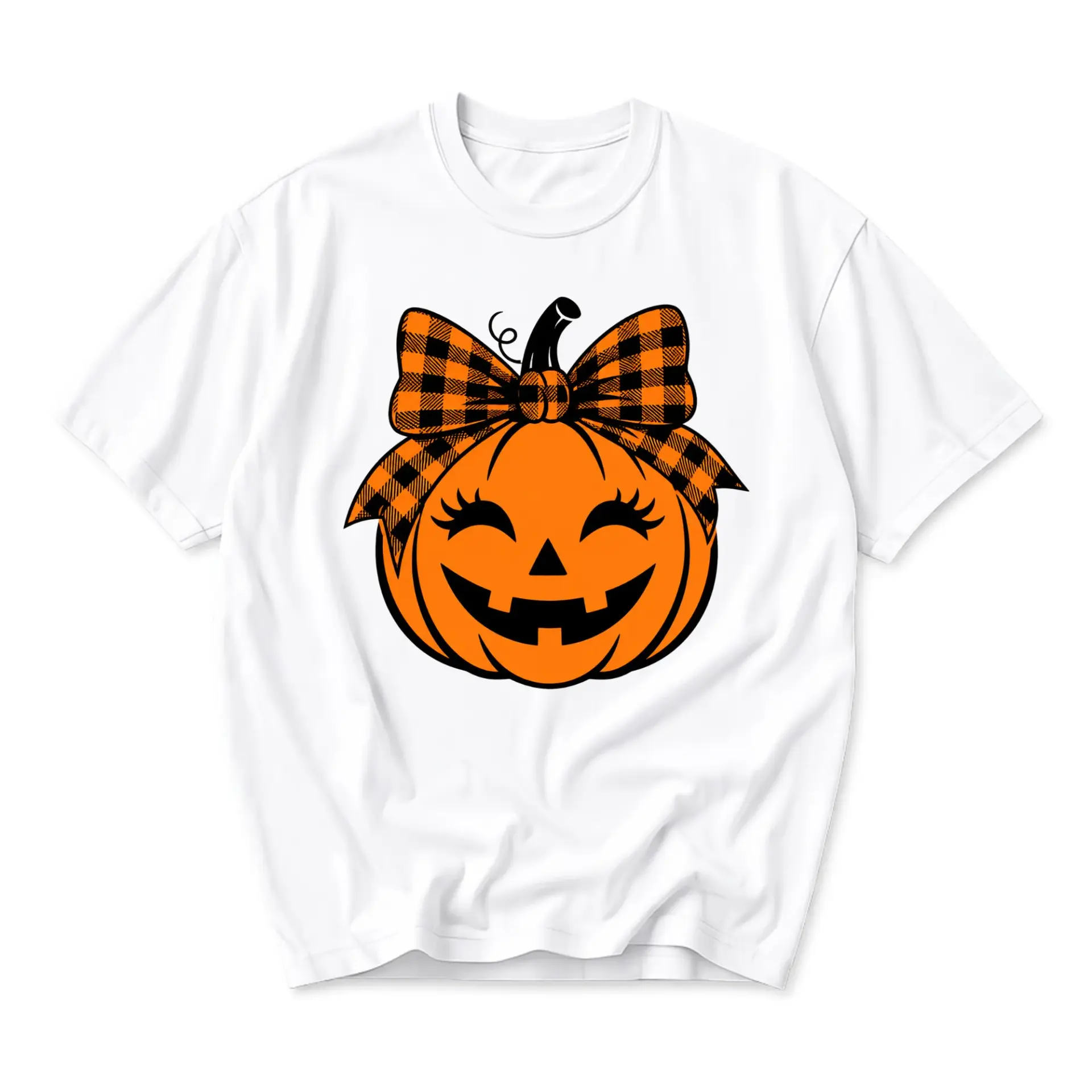 Graphic Tee Pumpkin with Plaid Bow Unisex Casual Short Sleeve Shirt for Autumn Seasonal Wear and Everyday Comfort