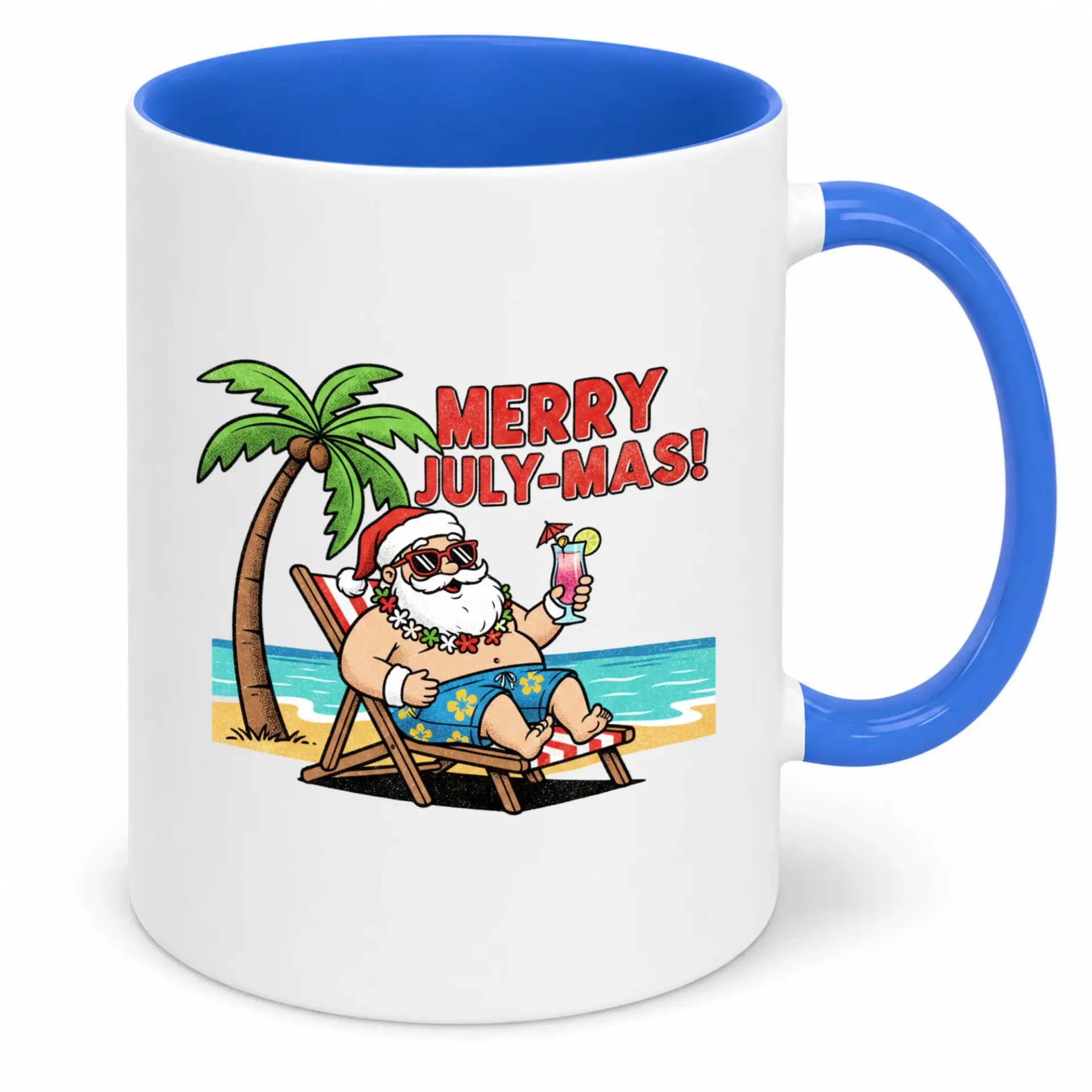 Funny Summer Santa Coffee Mug | Merry July-Mas Tropical Christmas Ceramic Cup | Beach Holiday Vacation Themed Beverage Drinkware