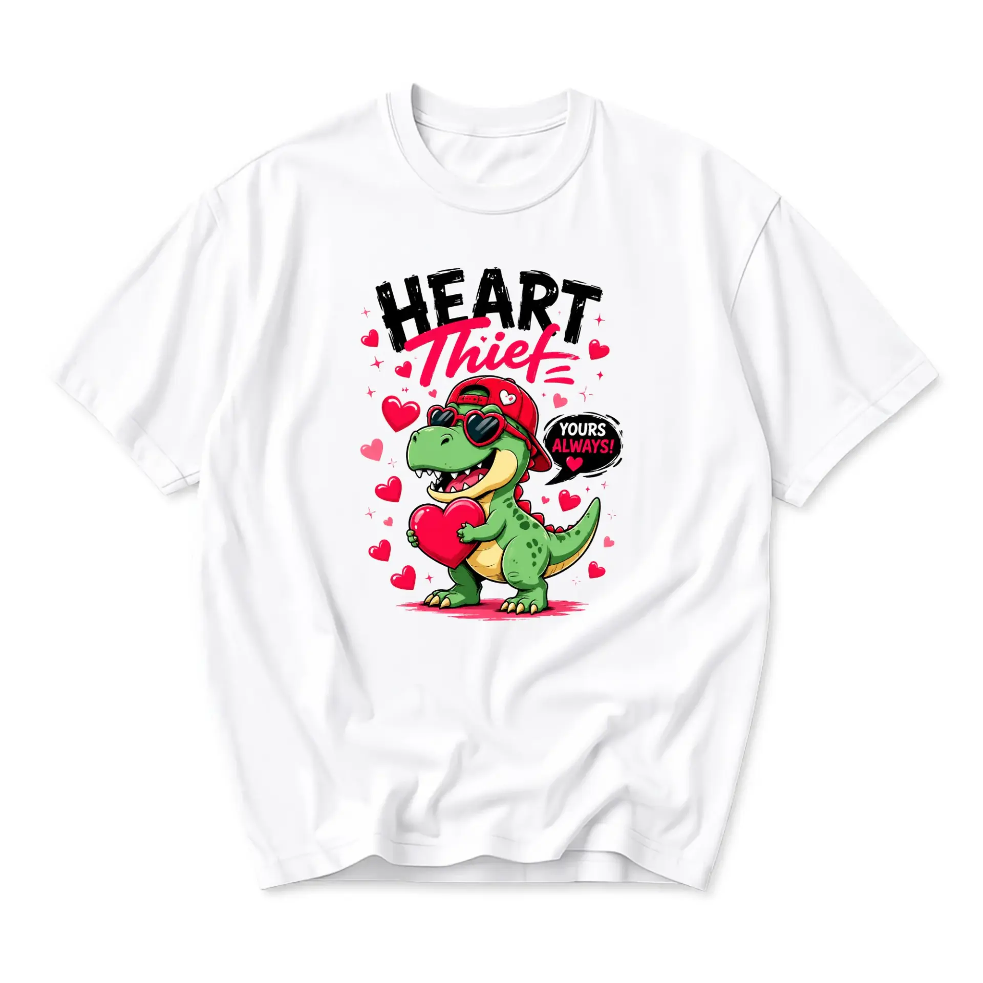 Graphic Tee Heart Thief Dinosaur Unisex Crew Neck T-Shirt Funny Cute Romantic Apparel for Everyday Casual Wear