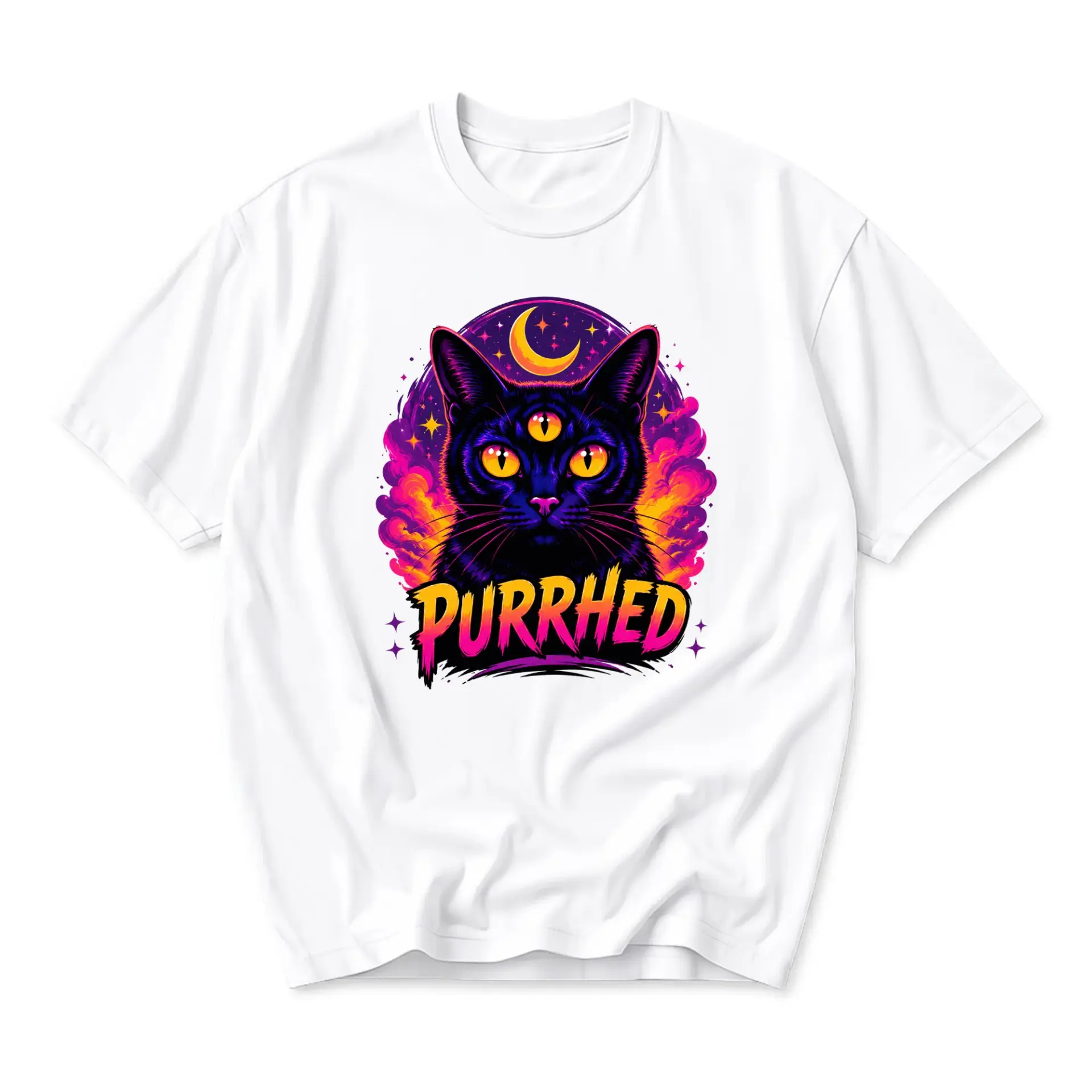 Funny Shirt Three Eyed Cat Graphic Tee Cosmic Celestial Kitten Art Print Unisex Casual Everyday Crew Neck T-Shirt