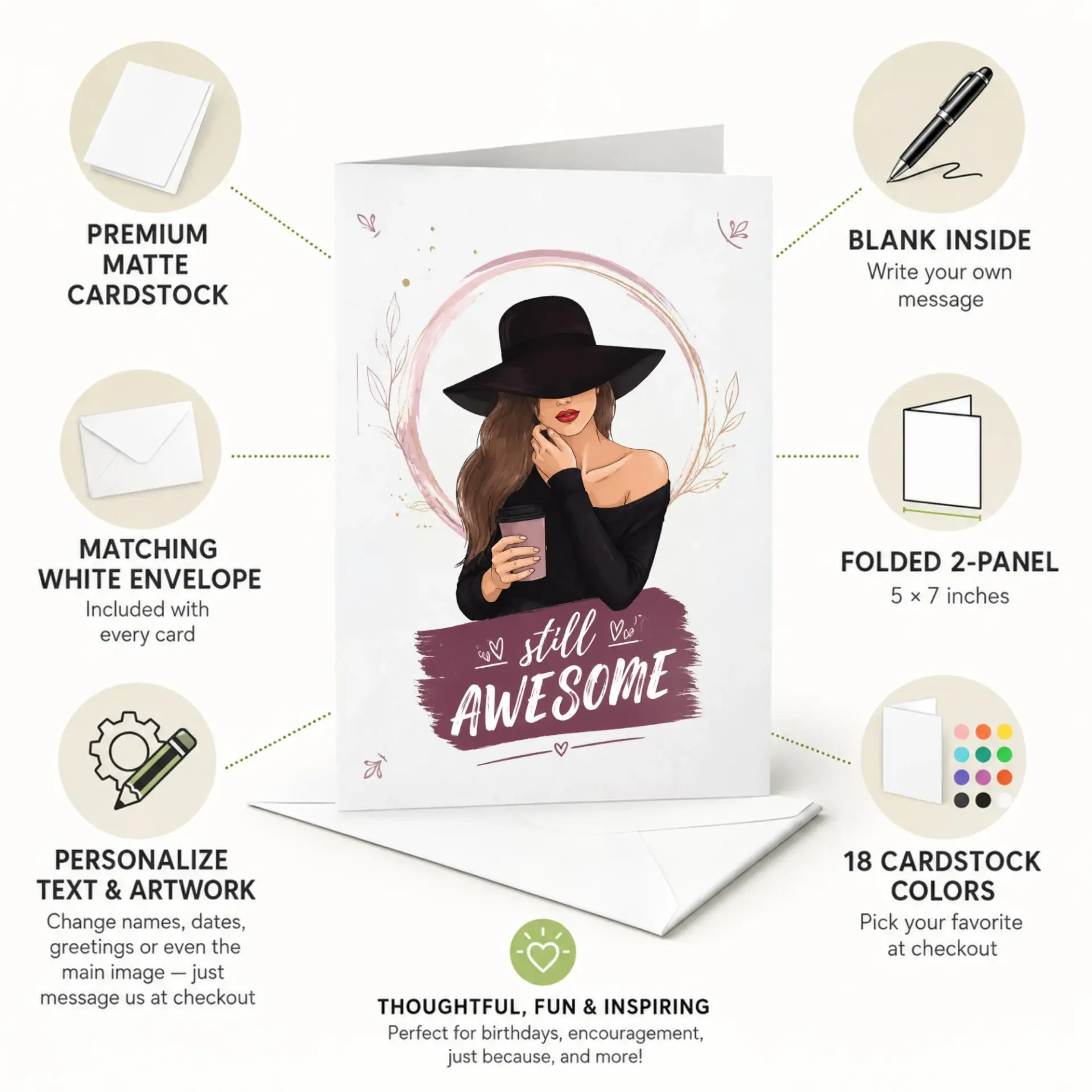 Greeting Card Still Awesome Illustration Featuring Stylish Woman in Wide Brimmed Hat and Coffee Cup Design