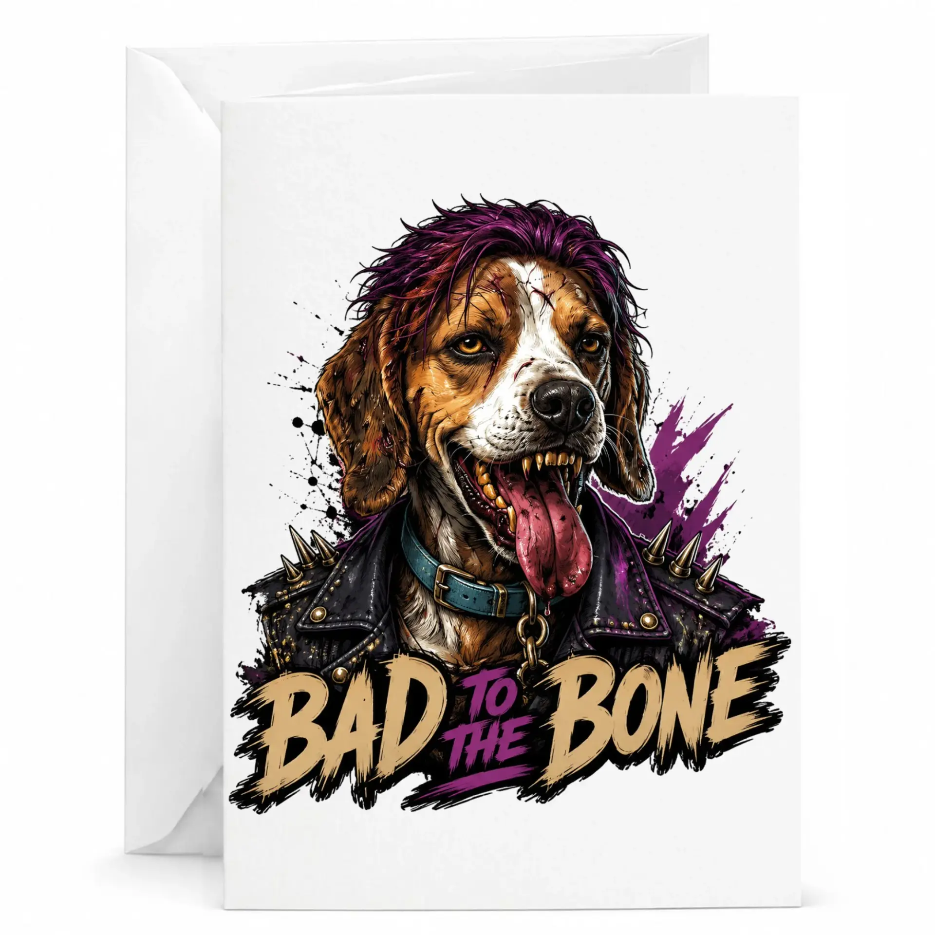 Funny Greeting Card Bad to the Rocker Dog Illustration with Punk Leather Jacket for Any Occasion