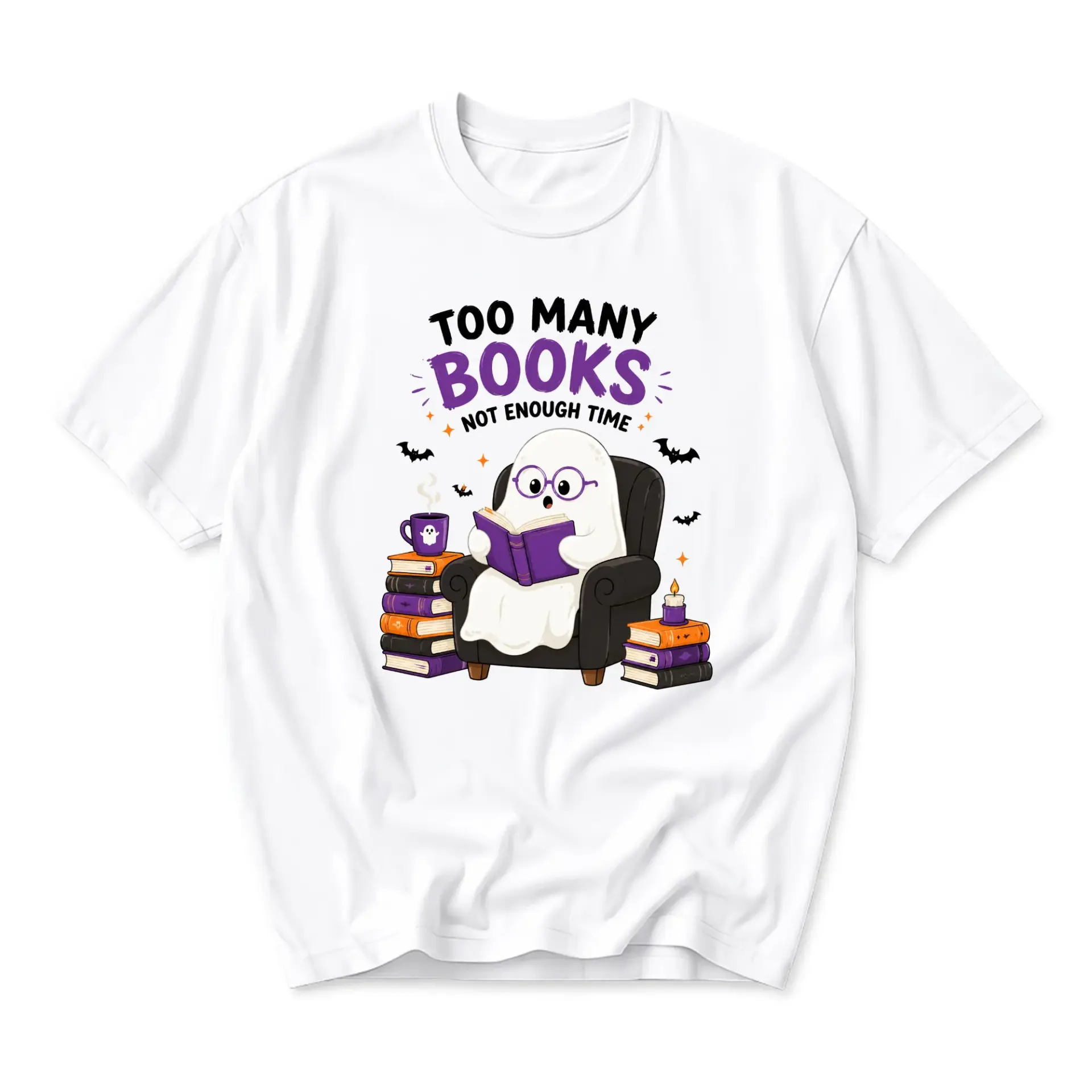 Graphic Tee Unisex Crew Neck Short Sleeve Shirt Too Many Books Not Enough Time Funny Reading Ghost Bookworm Apparel