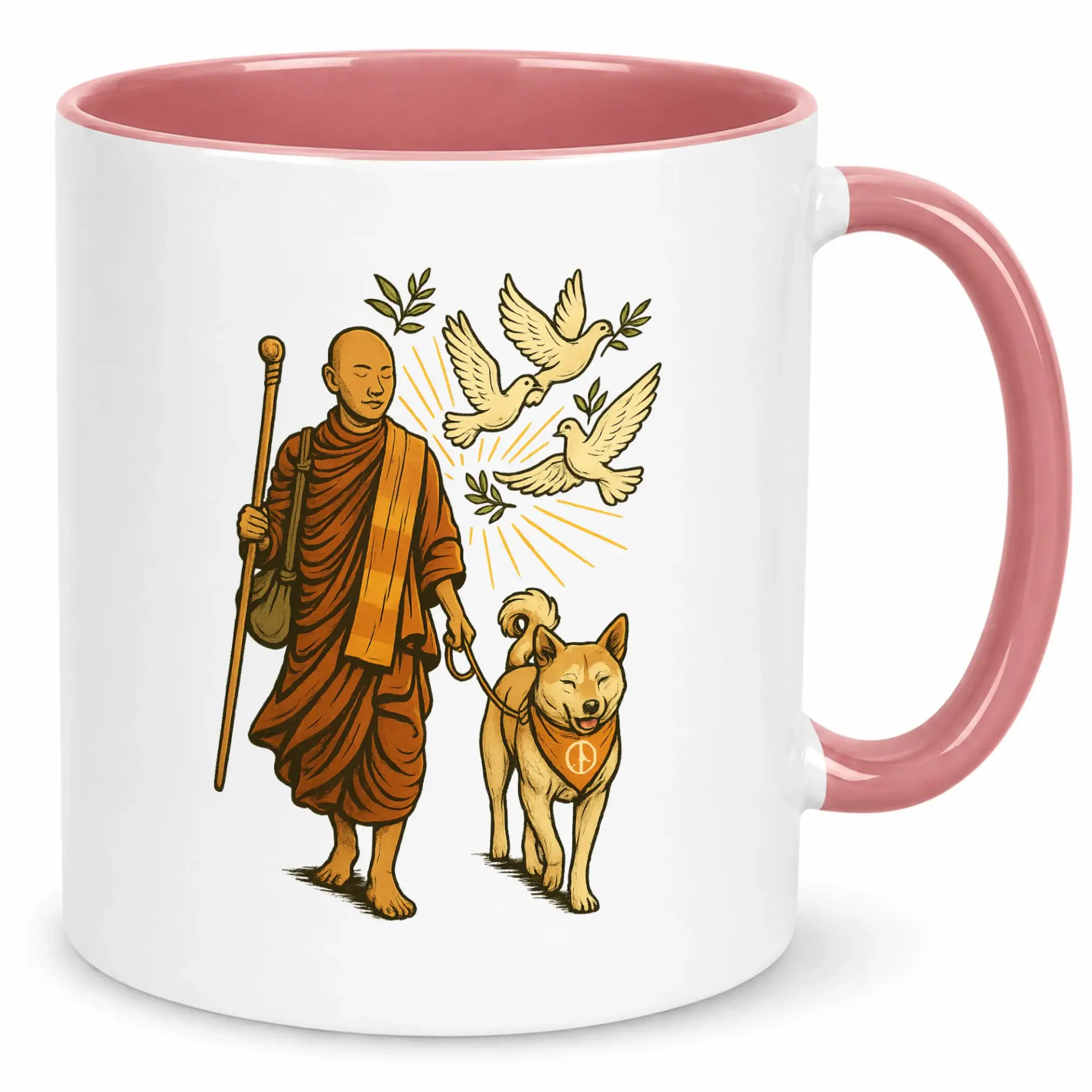 Ceramic Coffee Mug Featuring Peaceful Monk and Dog with Doves Design, 11 Oz or 15 Oz White Glossy Drinkware for Hot Beverages, Home or Office Gift