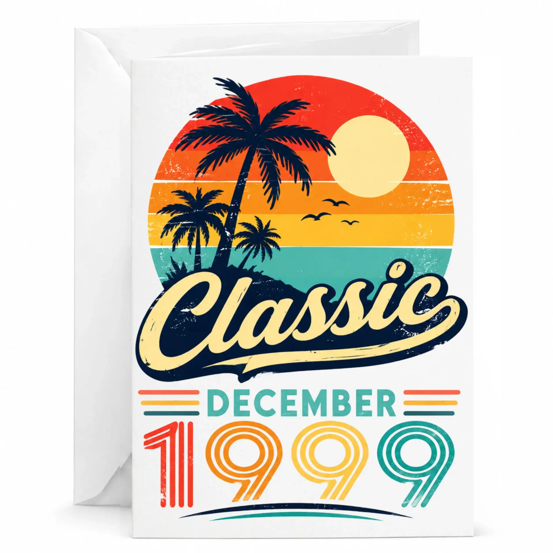 Greeting Card Classic December 1999 Birthday Gift Vintage Retro Sunset Palm Tree Design for Men and Women