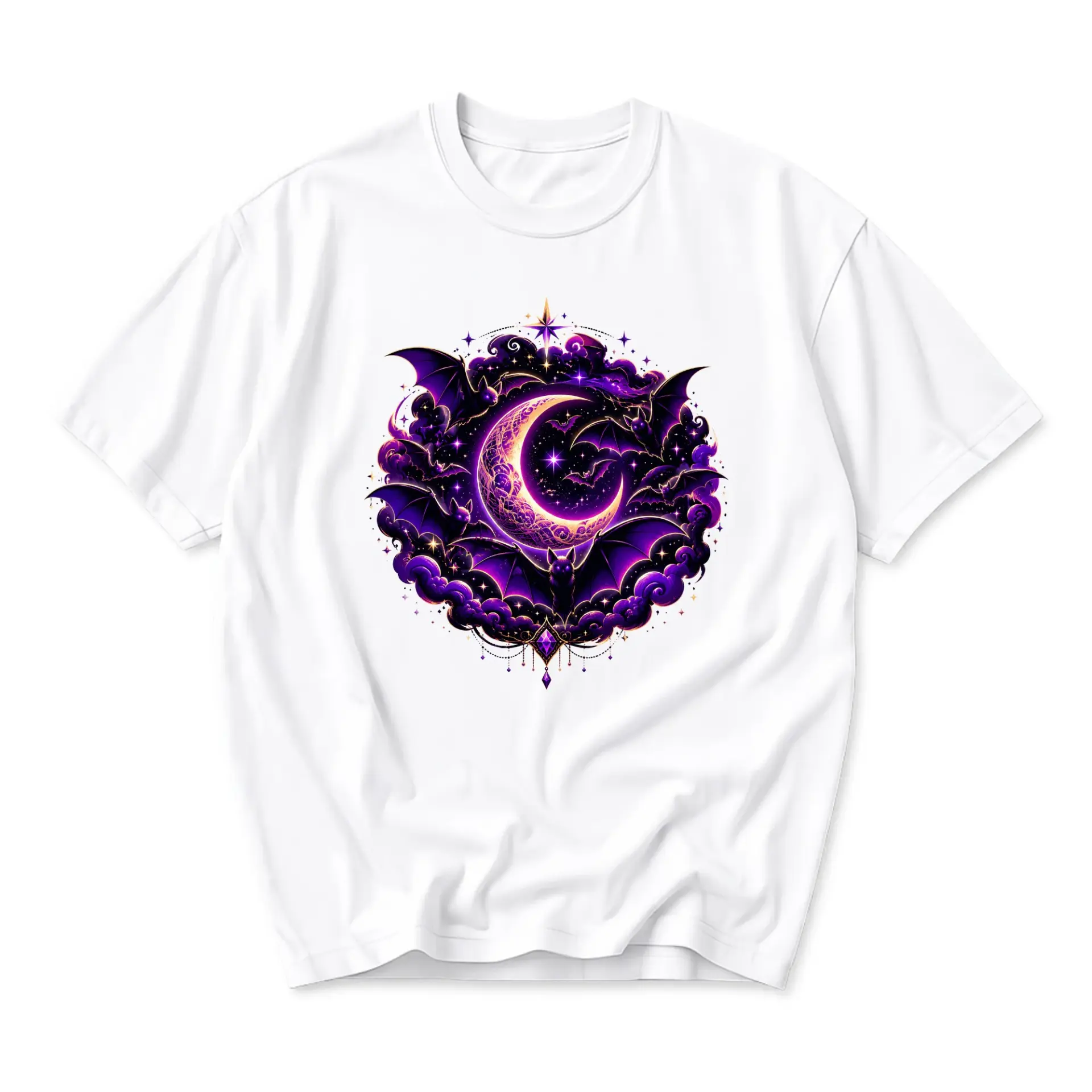 Graphic Tee Unisex Moon and Bats Celestial Night Design Short Sleeve Crew Neck Cotton Casual Summer Shirt Top