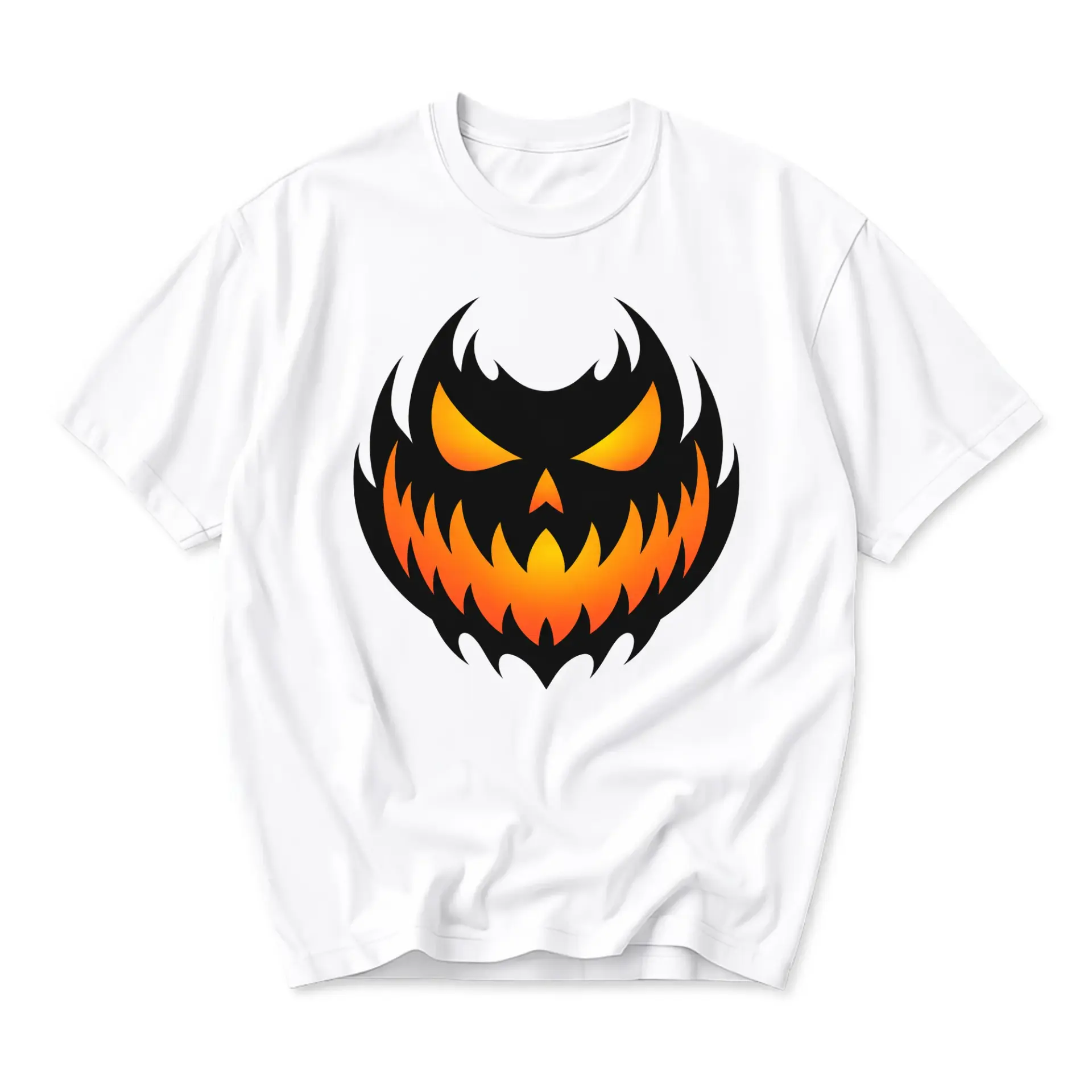 Graphic Tee Unisex Crew Neck T-Shirt Featuring a Flame Inspired Jack O Lantern Pumpkin Face Halloween Print