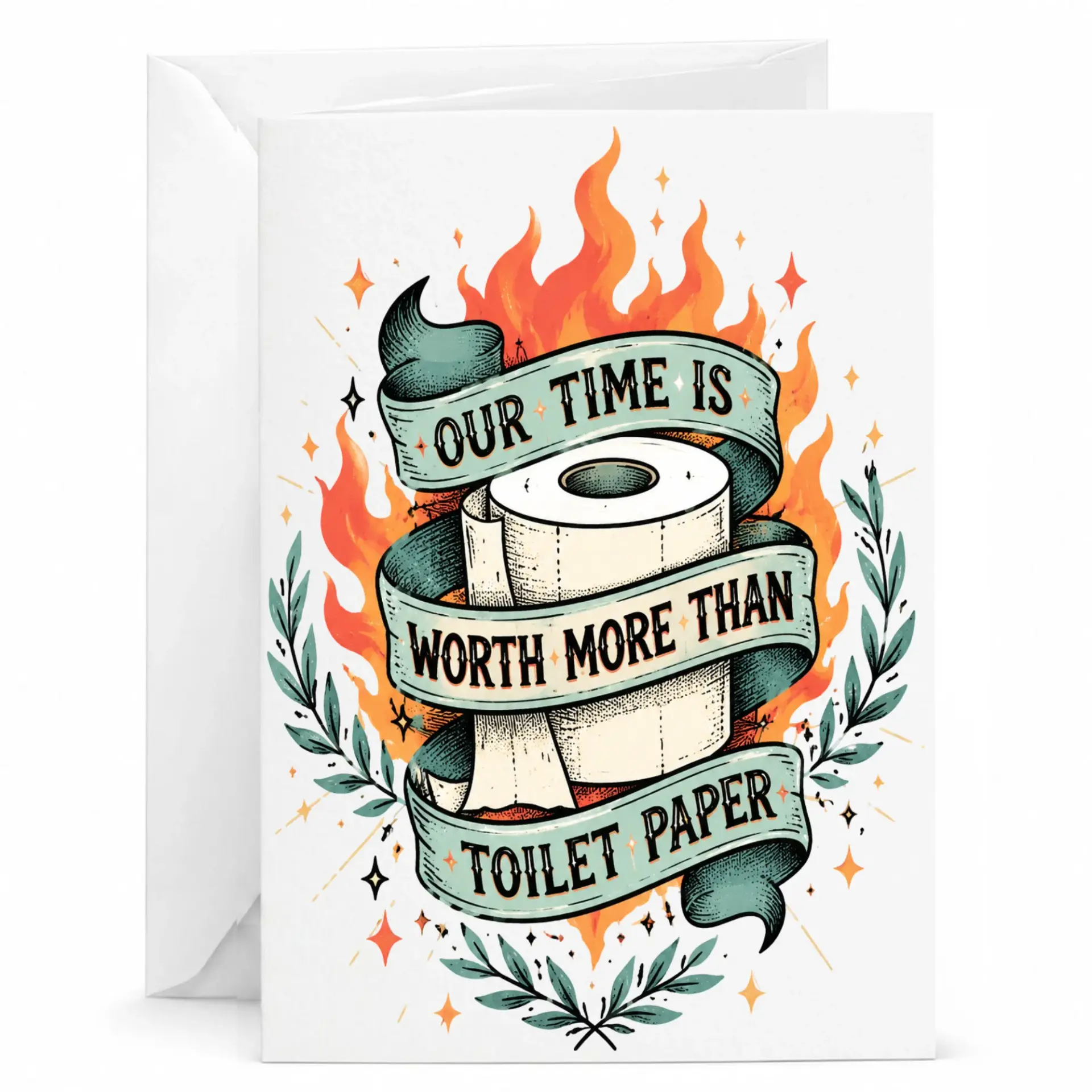 Funny Greeting Card with Sarcastic Humor Design Bold Artistic Illustration Featuring Toilet Paper Roll for Quirky Gifting