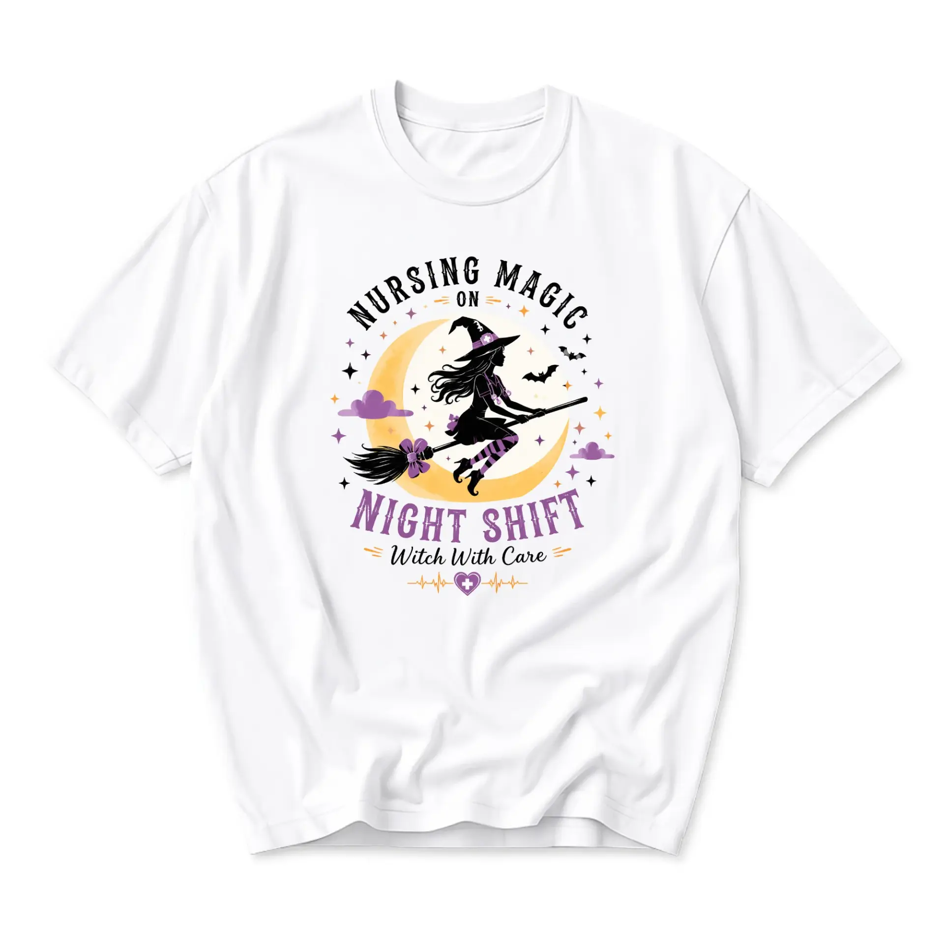 Graphic Tee Nursing Magic on Night Shift Witch with Care Design Unisex Casual Crew Neck Comfortable Cotton Shirt