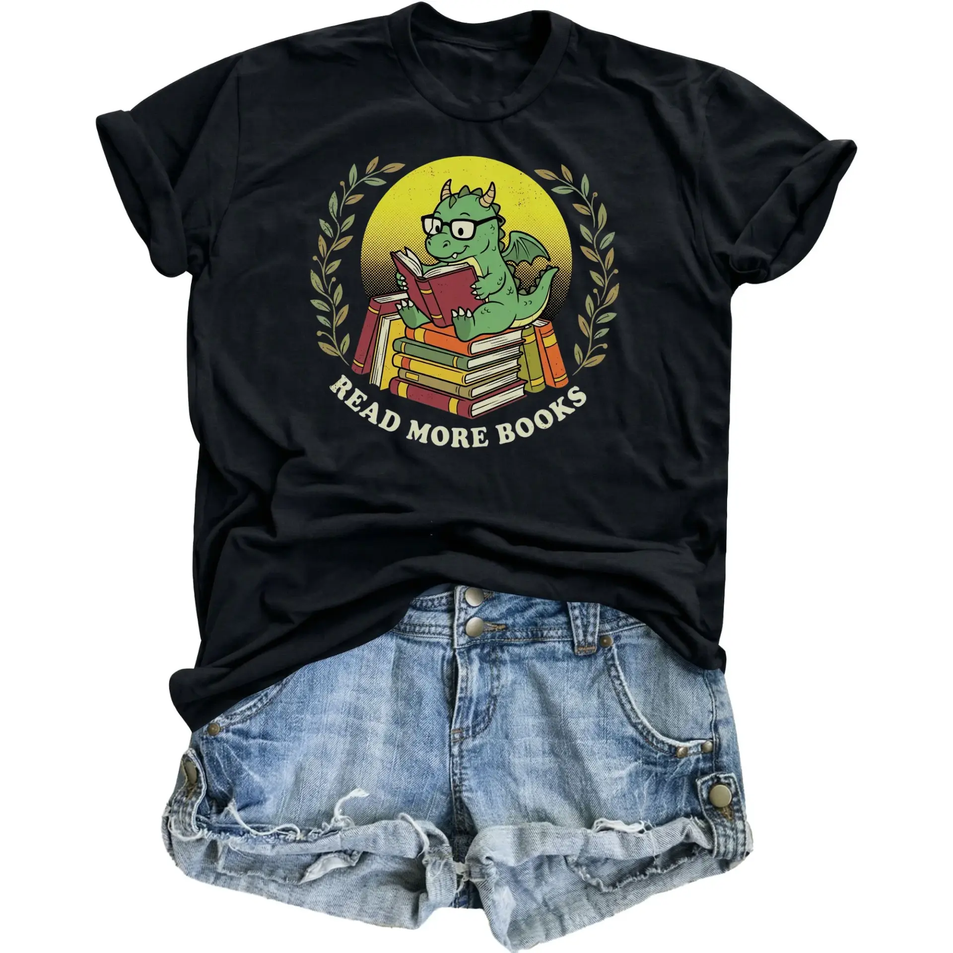 Graphic Tee Read More Books Cute Reading Dragon Illustration Unisex Casual Crew Neck Comfortable Cotton Blend Shirt
