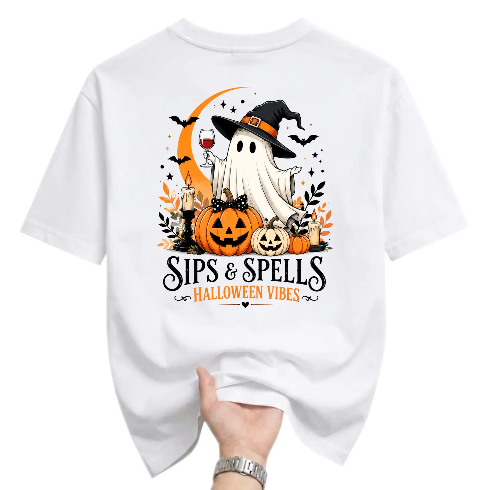 Graphic Tee Sips and Spells Halloween Vibes Unisex Crew Neck Shirt Festive Autumn Fall Season Graphic Printed Apparel