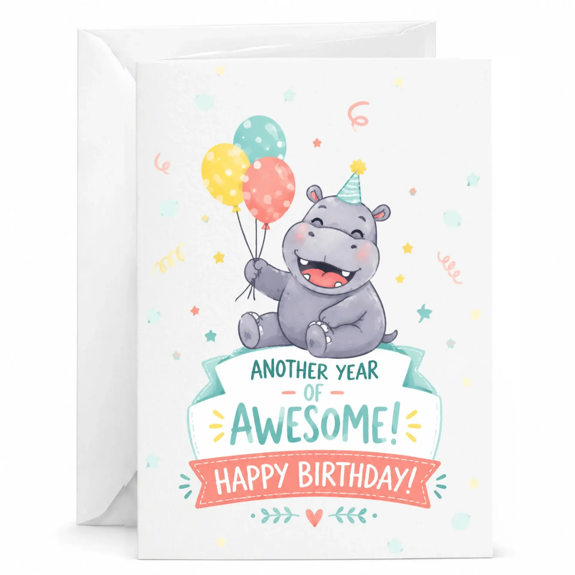 Birthday Card Featuring a Happy Hippo Holding Colorful Balloons for a Joyful Celebration and Festive Milestone Greeting