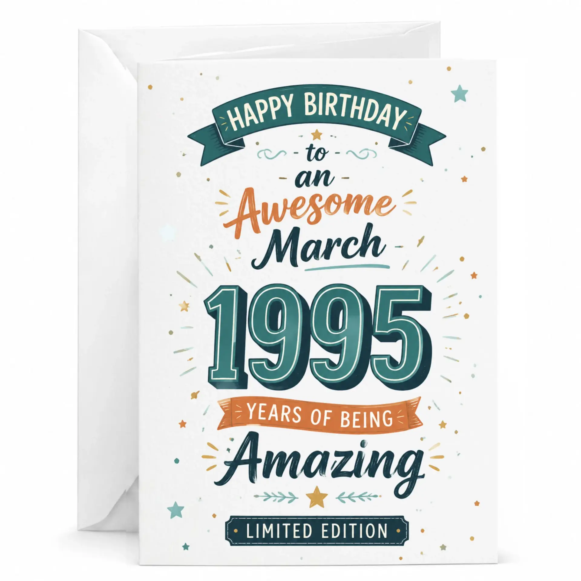 Birthday Card for Awesome People Born in March 1995 Limited Edition Vintage Style Greeting Card with White Envelope