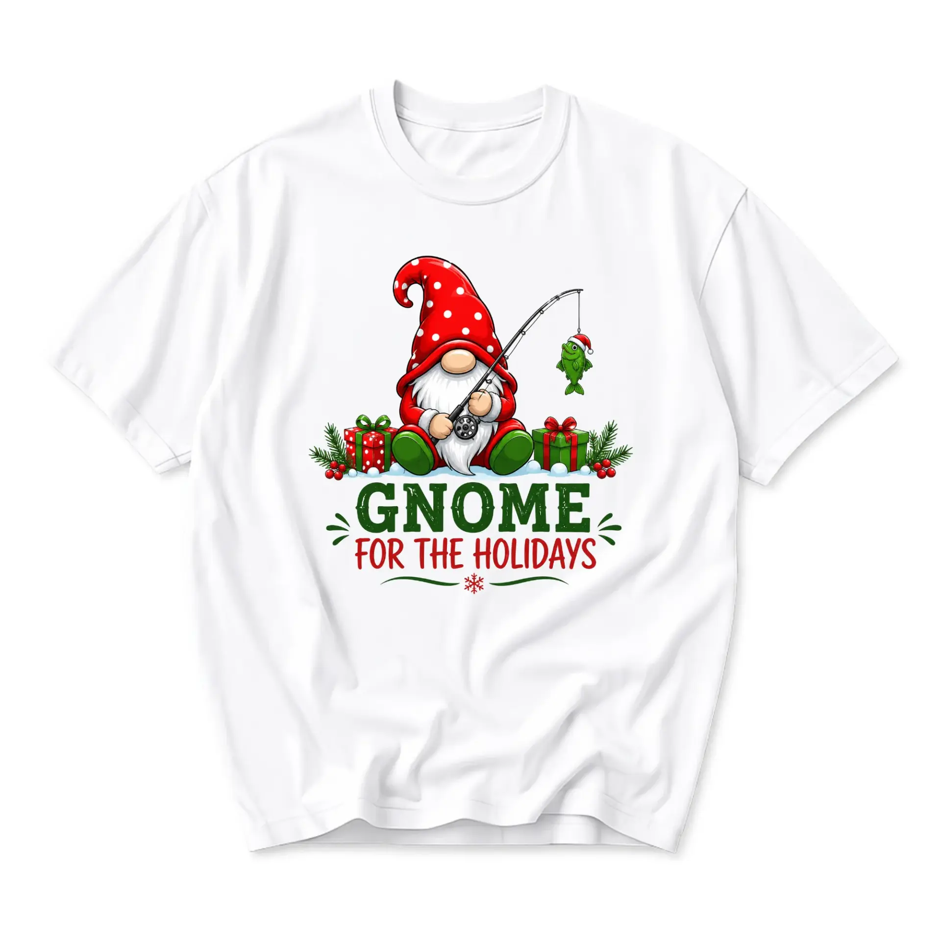 Graphic Tee Gnome for the Holidays Fishing Theme Unisex Crew Neck Casual Everyday Short Sleeve Cotton Blend Shirt