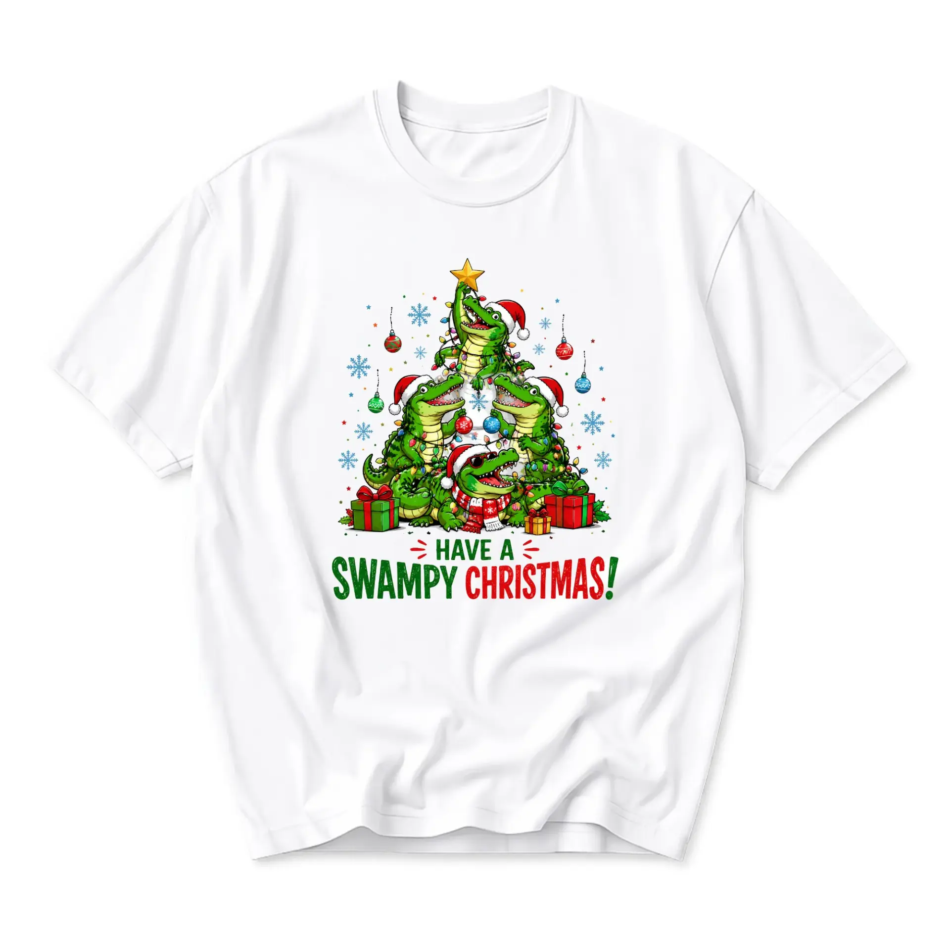 Funny Shirt Swampy Christmas Graphic Tee Featuring Cute Alligators Wearing