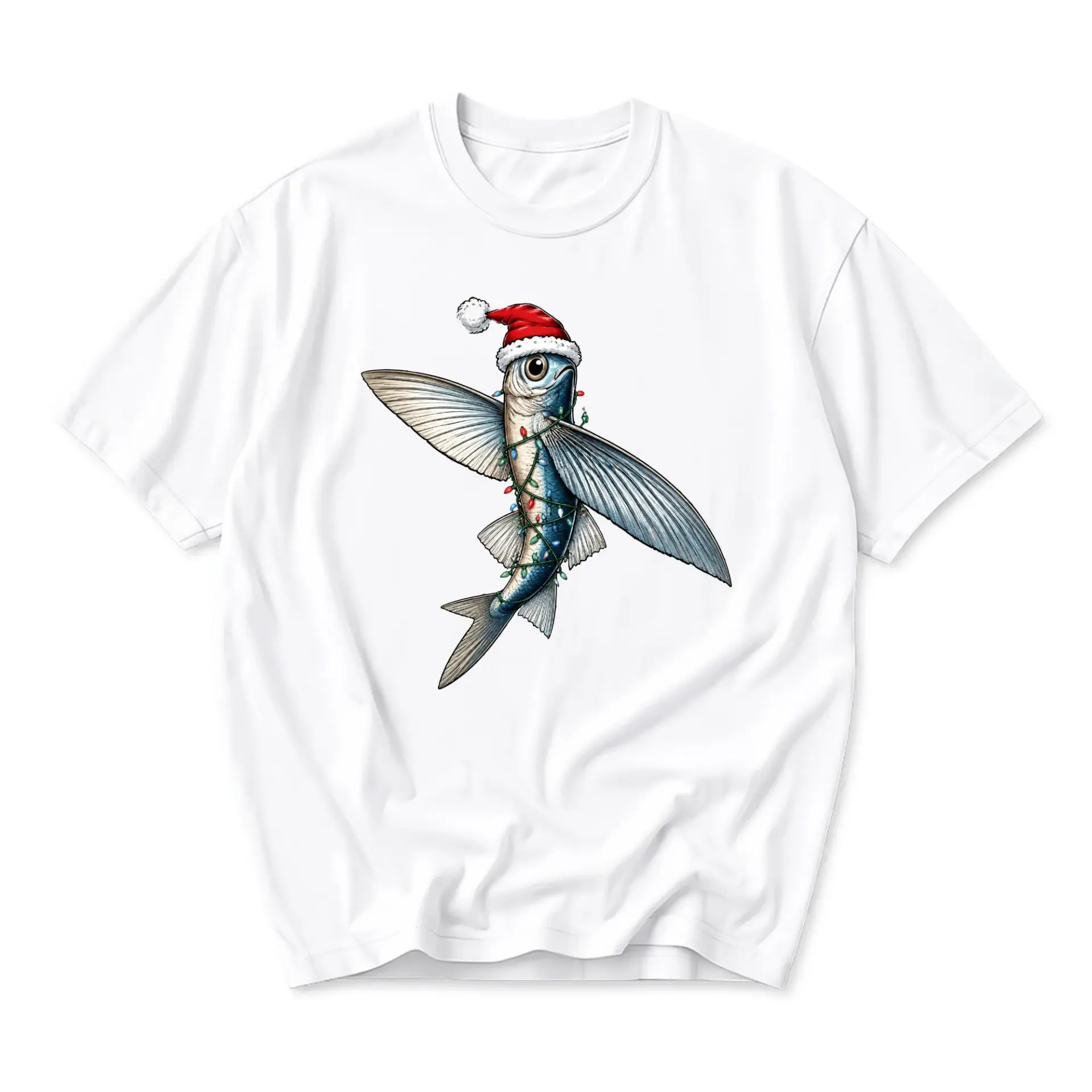 Graphic Tee Unisex Flying Fish with Christmas Hat and Lights Print Short Sleeve Crew Neck Casual Cotton Blend Shirt
