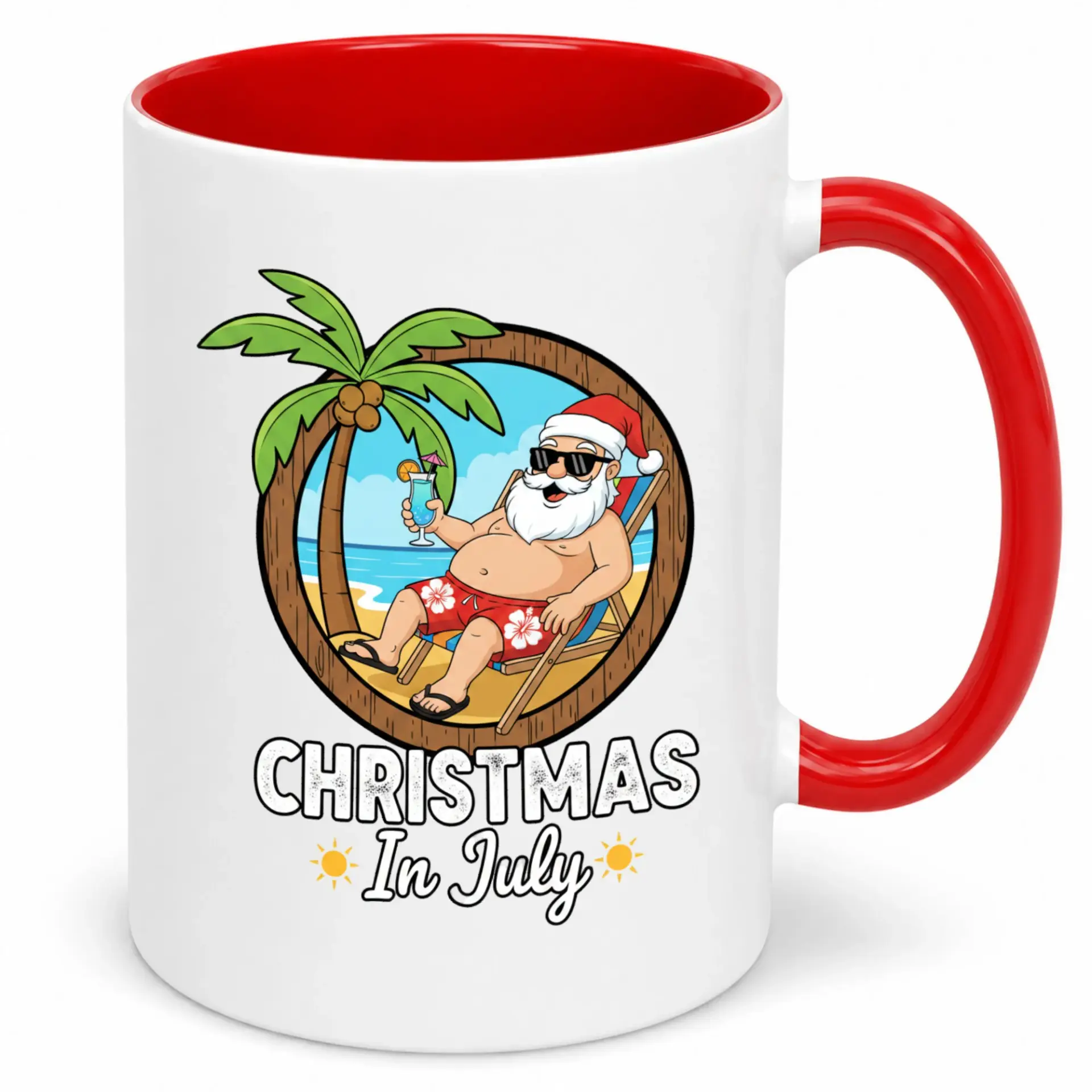 Funny Christmas in July Coffee Mug, Holiday Vacation Santa Beach Design Ceramic Cup, Novelty Summer Theme Drinkware Gift