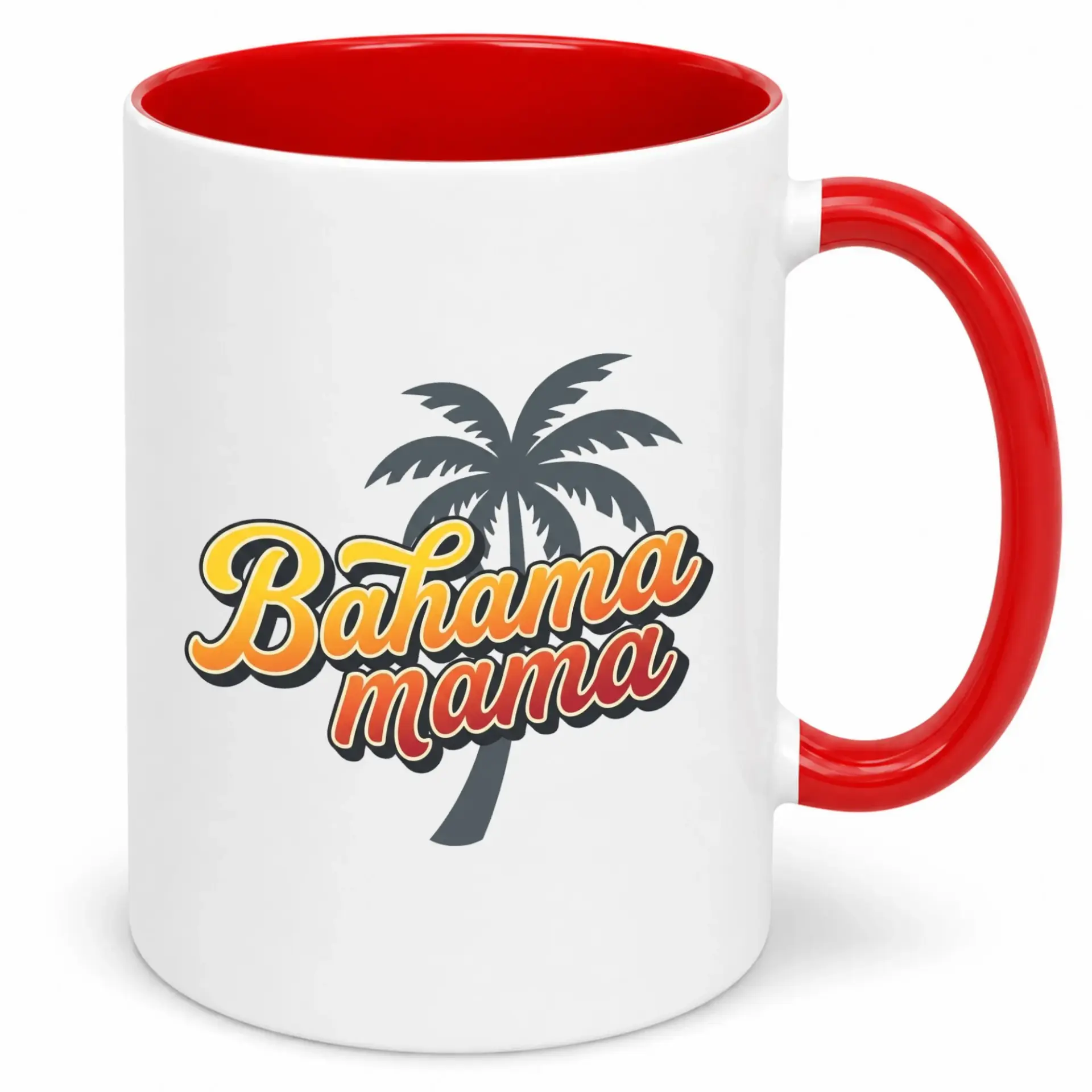 Tropical Bahama Mama Ceramic Coffee Mug with Red Interior and Handle, 11 Oz or 15 Oz Vacation Themed Beverage Cup for Hot Drinks