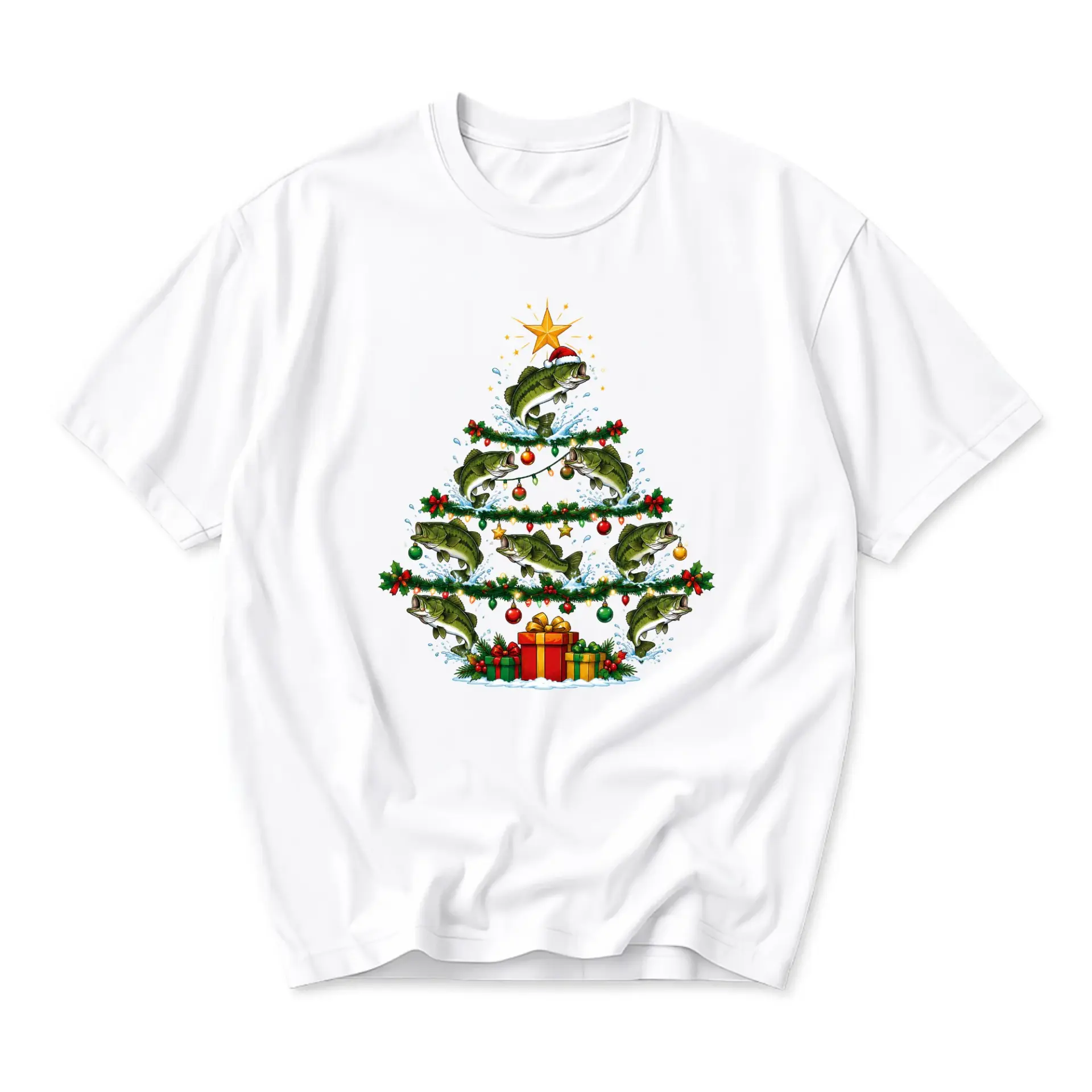 Graphic Tee Unisex Fishing Christmas Tree Shirt Holiday Fish Art Print
