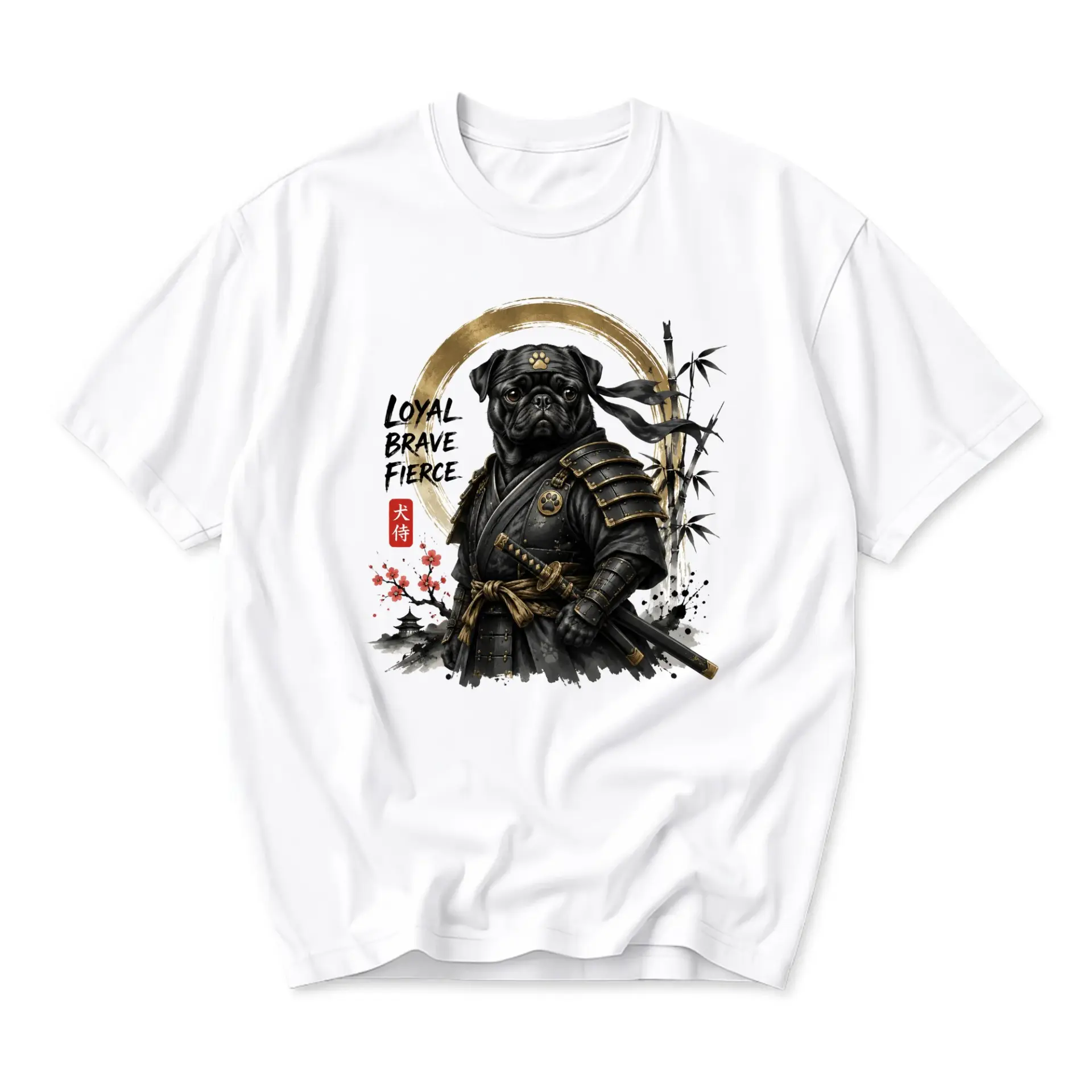 Graphic Tee Samurai Pug T-Shirt Loyal Brave Dog Japanese Art Print Unisex