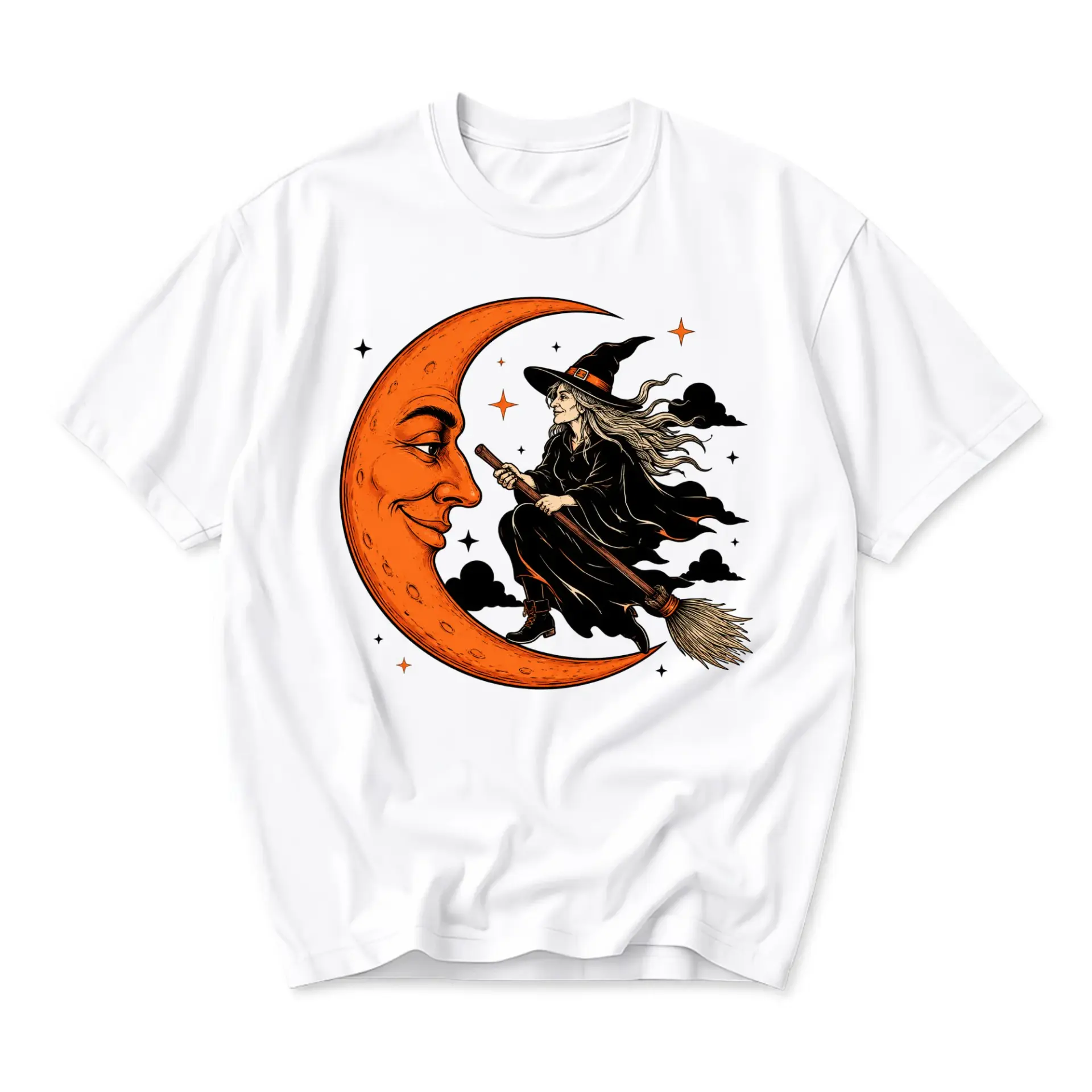 Graphic Tee Unisex Witch Flying on Broomstick with Smiling Orange Crescent Moon Illustration on White Crew Neck Shirt