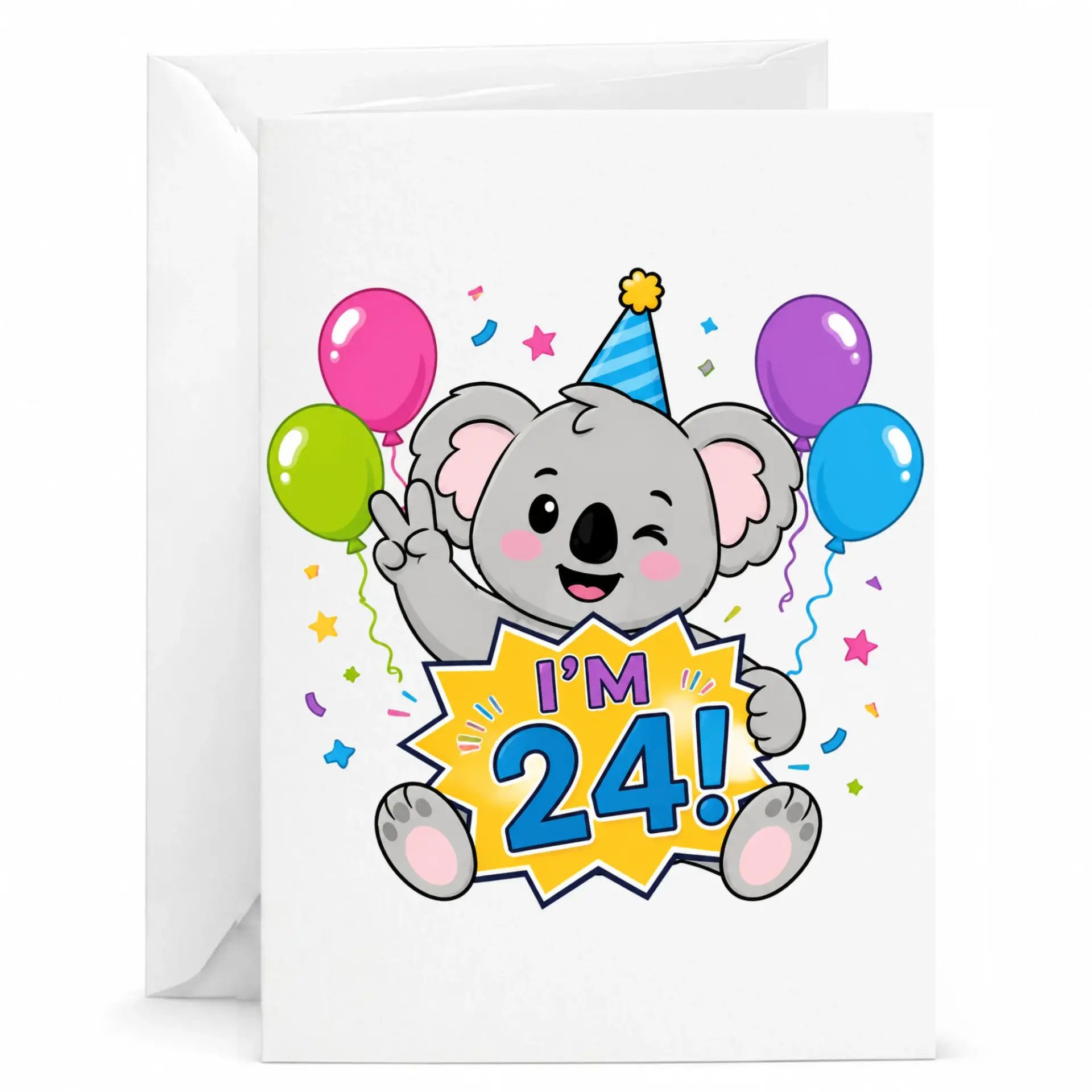 Birthday Card Featuring a Cute Koala Wearing a Party Hat and Balloons for Turning 24 Years Old