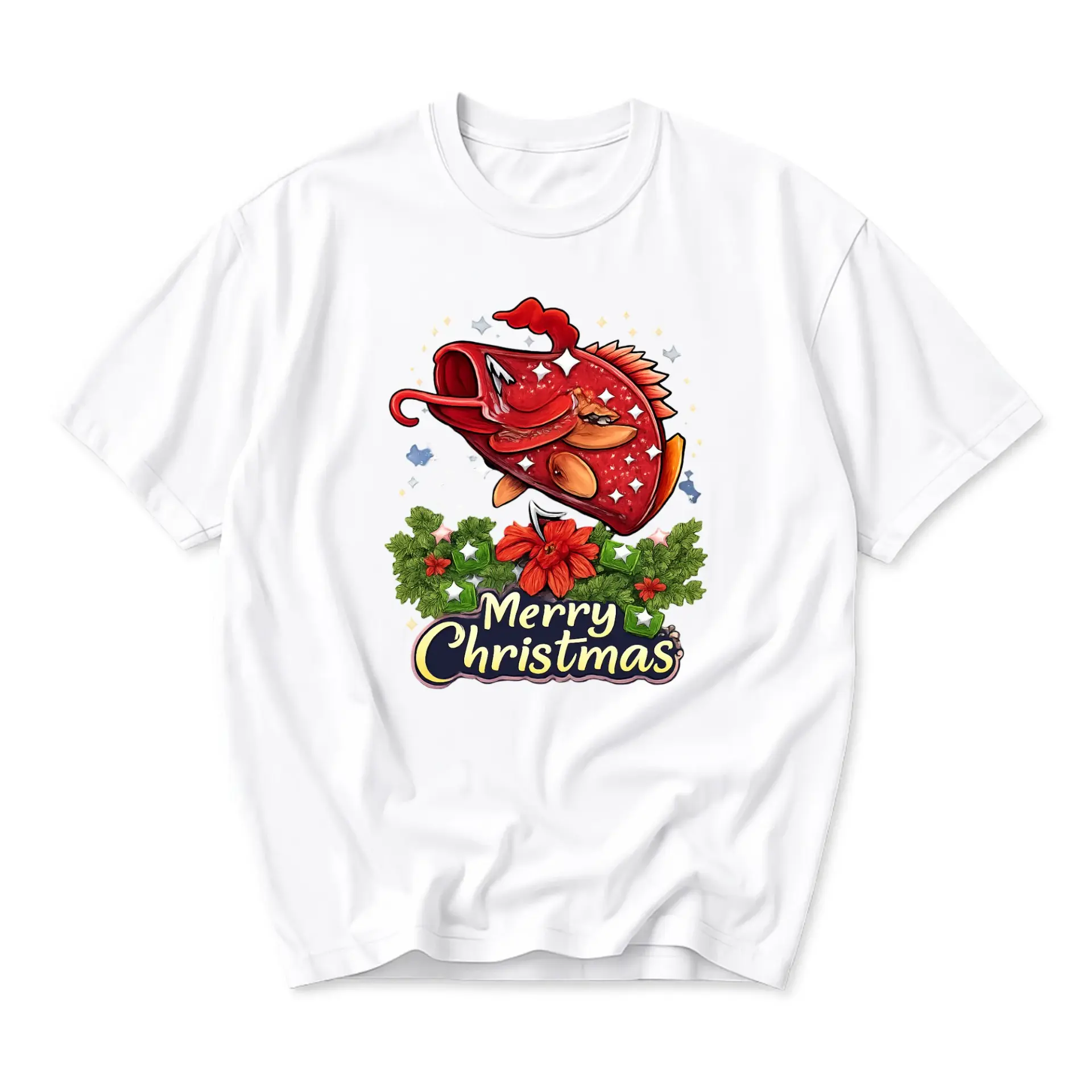 Funny Shirt Merry Christmas Red Fish Graphic Printed Unisex Tee Holiday