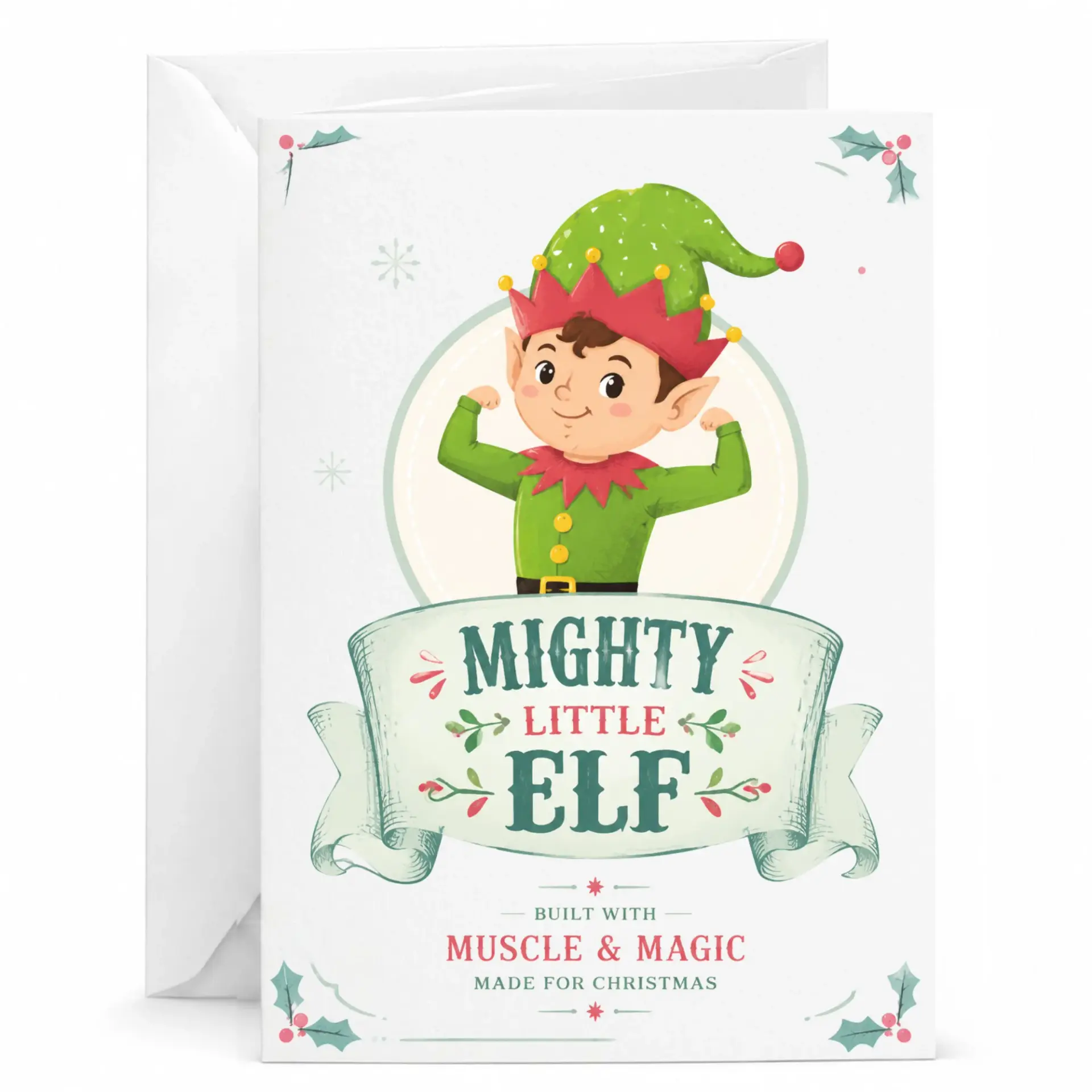 Funny Holiday Greeting Card Featuring Mighty Little Elf Illustration for Seasonal Cheer and Festive Celebrations