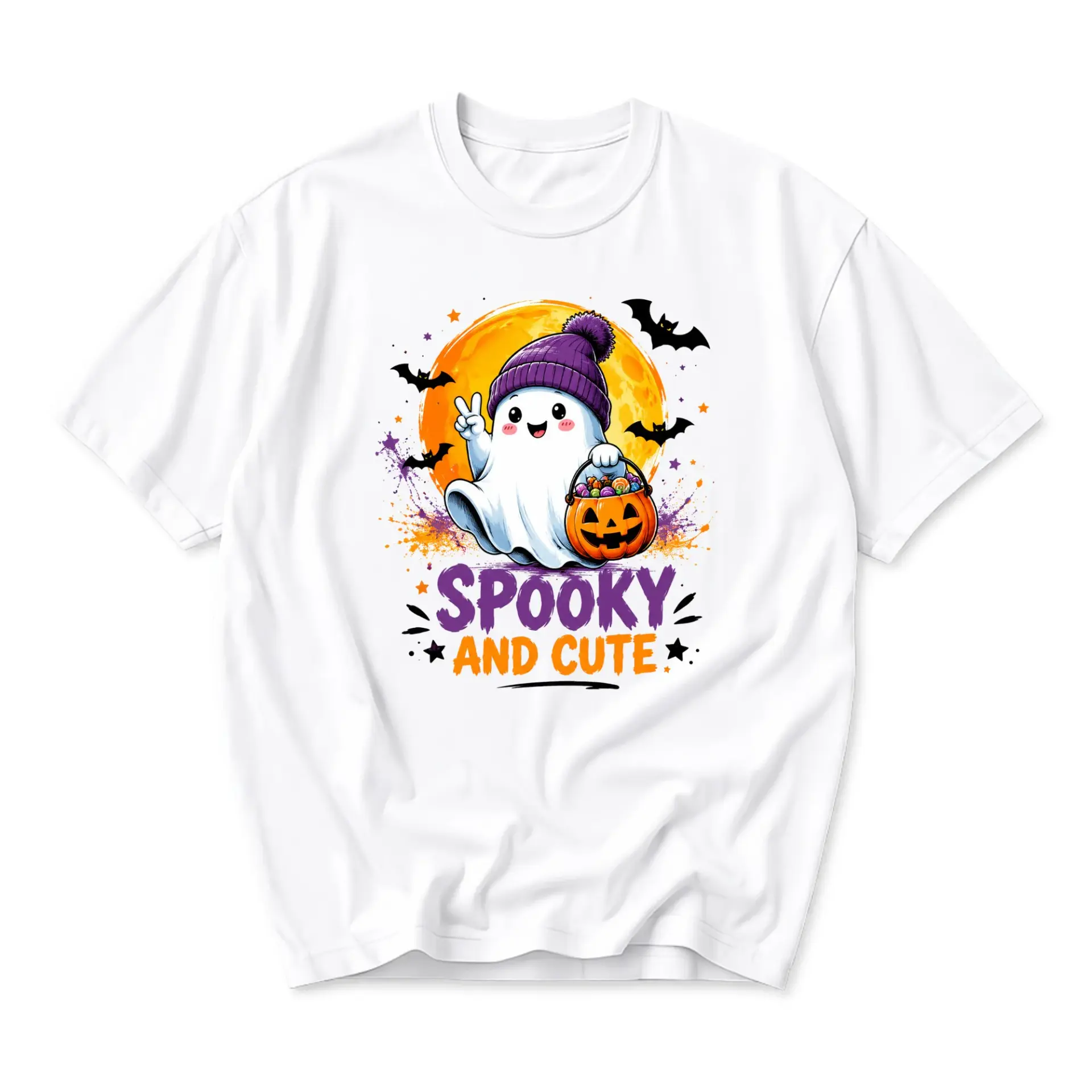 Graphic Tee Spooky and Cute Ghost Shirt Unisex Fall Season Holiday Apparel Seasonal Casual Crew Neck Graphic Printed