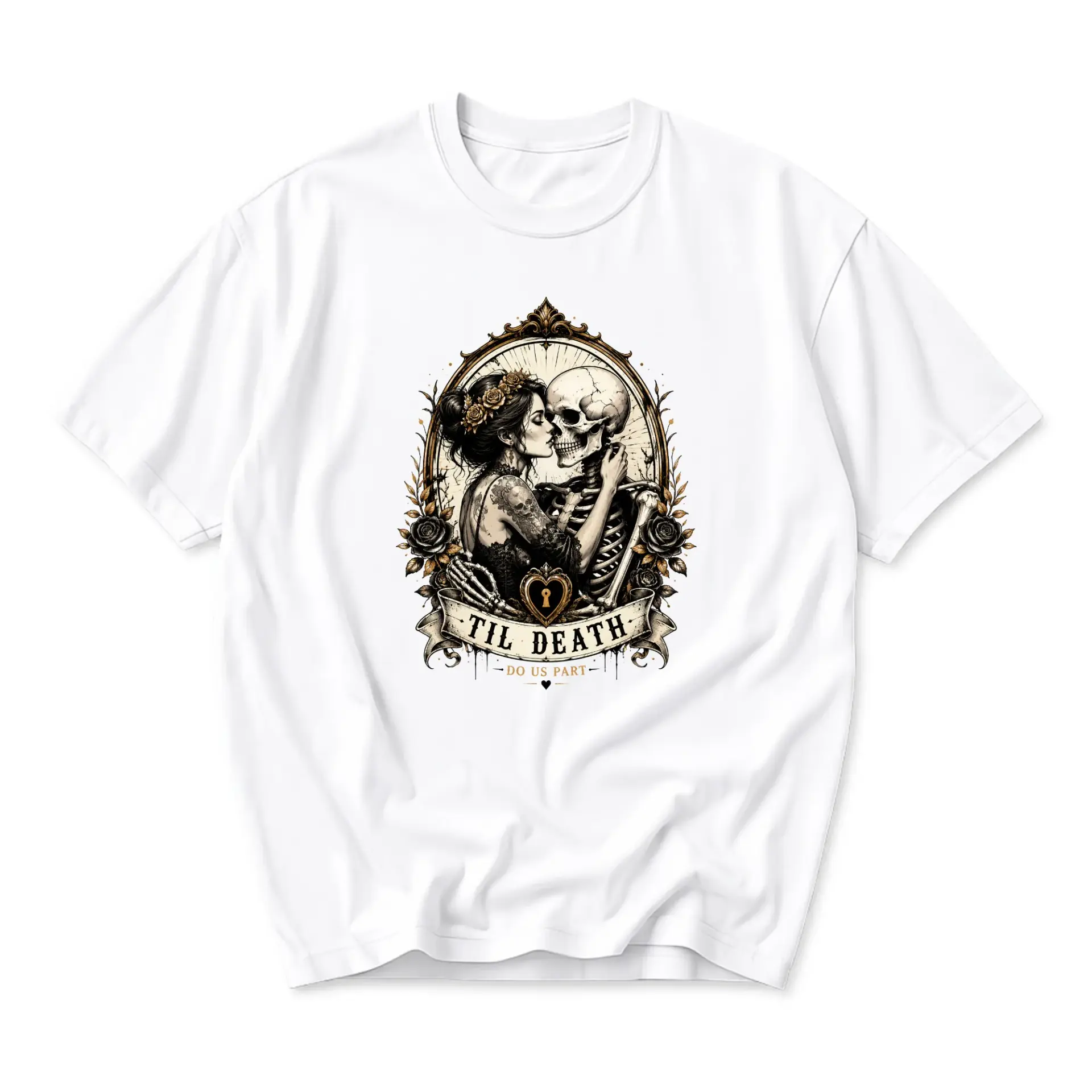 Graphic Tee Til Death Do Us Part Skeleton Romance Art Shirt Unisex Casual Cotton Crew Neck Short Sleeve Apparel