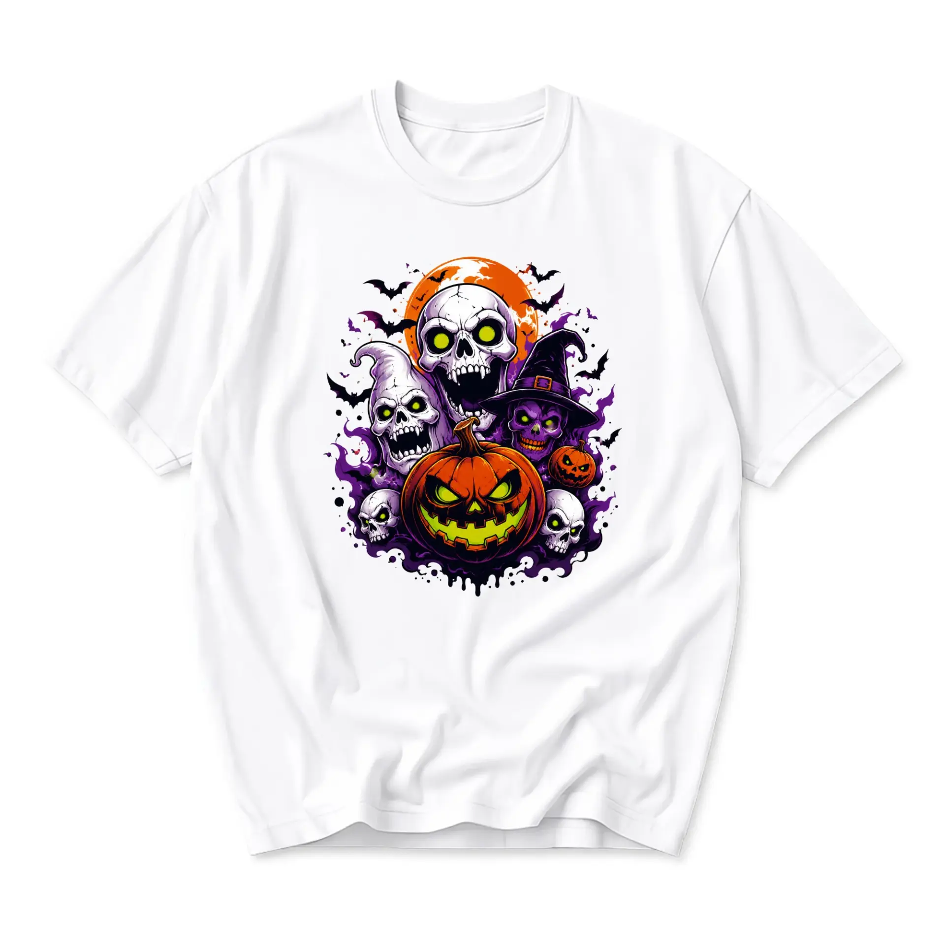 Graphic Tee Unisex Halloween Shirt Featuring Spooky Skulls Pumpkins and Bats Artwork for Casual Seasonal Wear