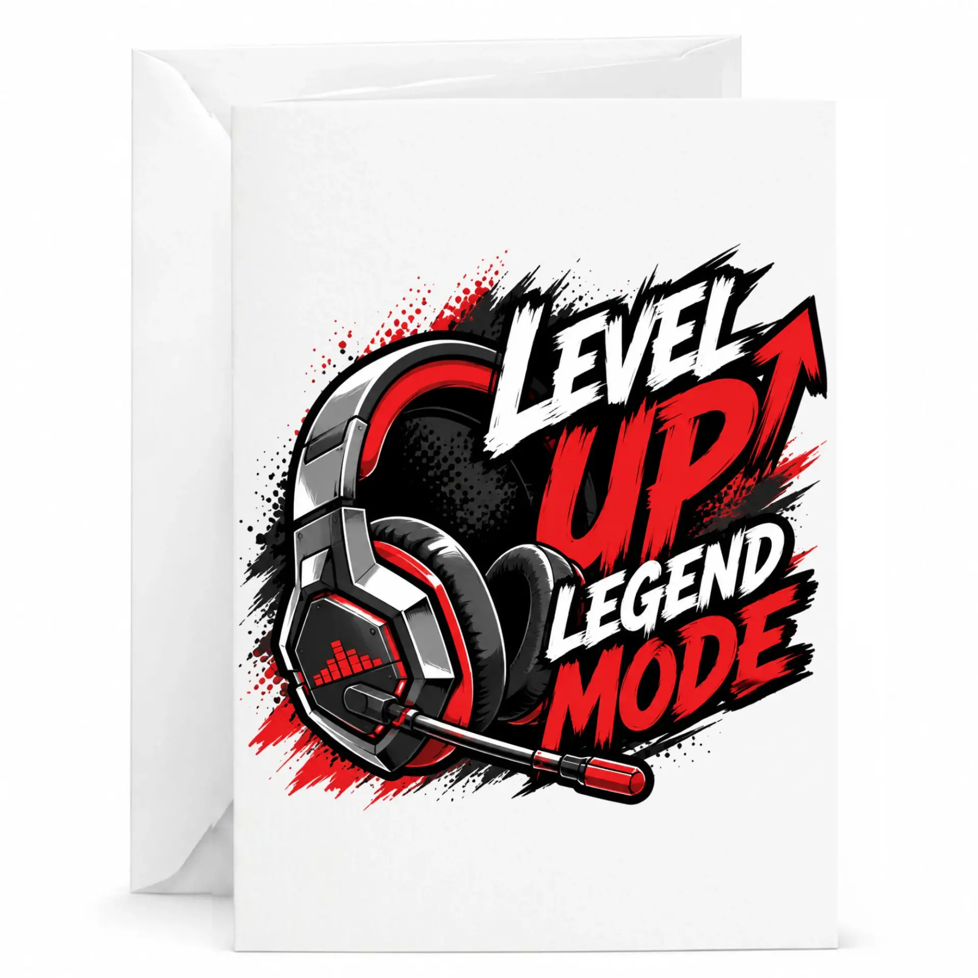 Funny Greeting Card Level up Legend Mode Design Featuring Video Game Inspired Headset Illustration