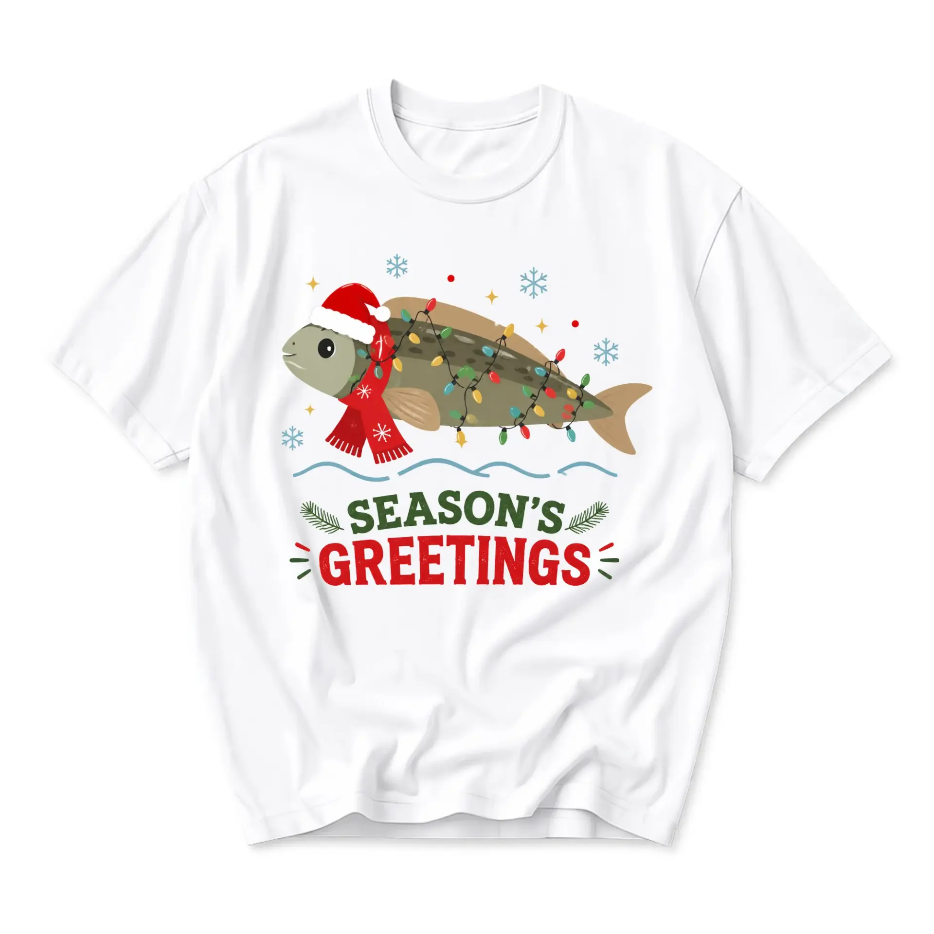 Funny Shirt Season Greetings Fishing Lover Holiday Graphic Tee Fish Illustration Unisex Casual Cotton Top