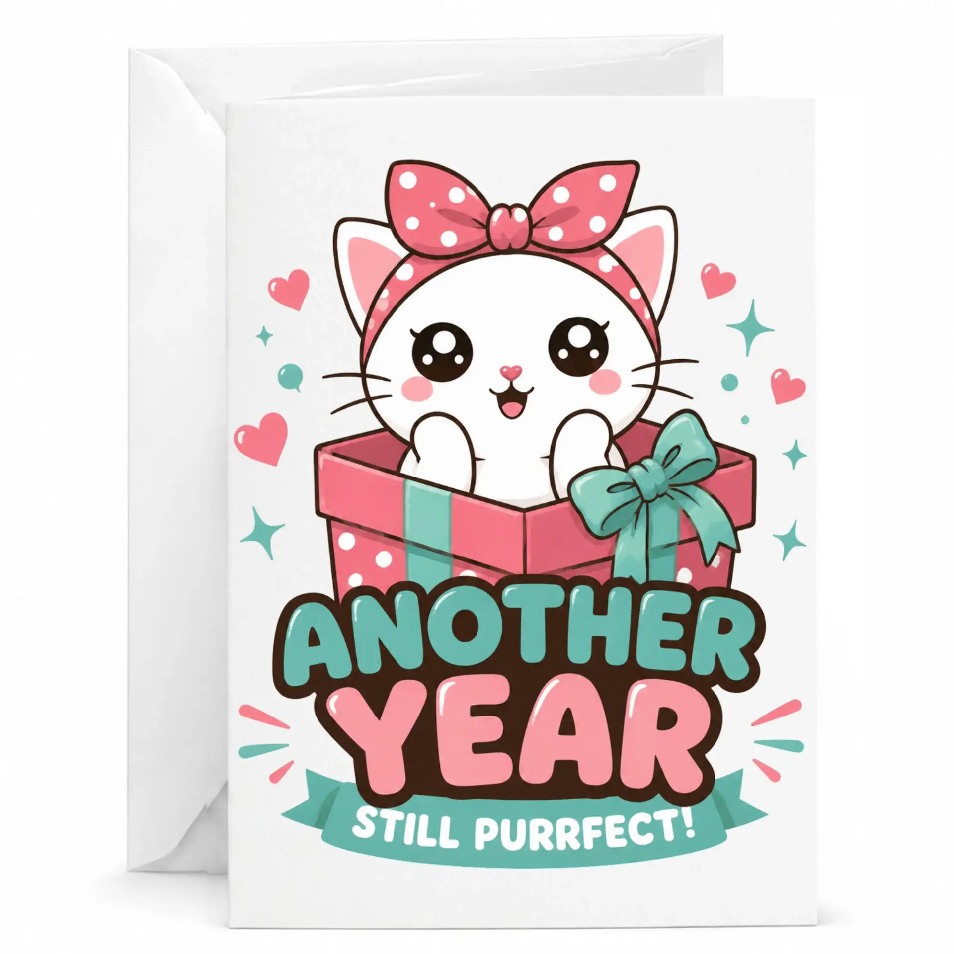 Birthday Card Cute Cat Illustration Funny Pun Greeting Card for Friends and Family Featuring Another Year Sentiment