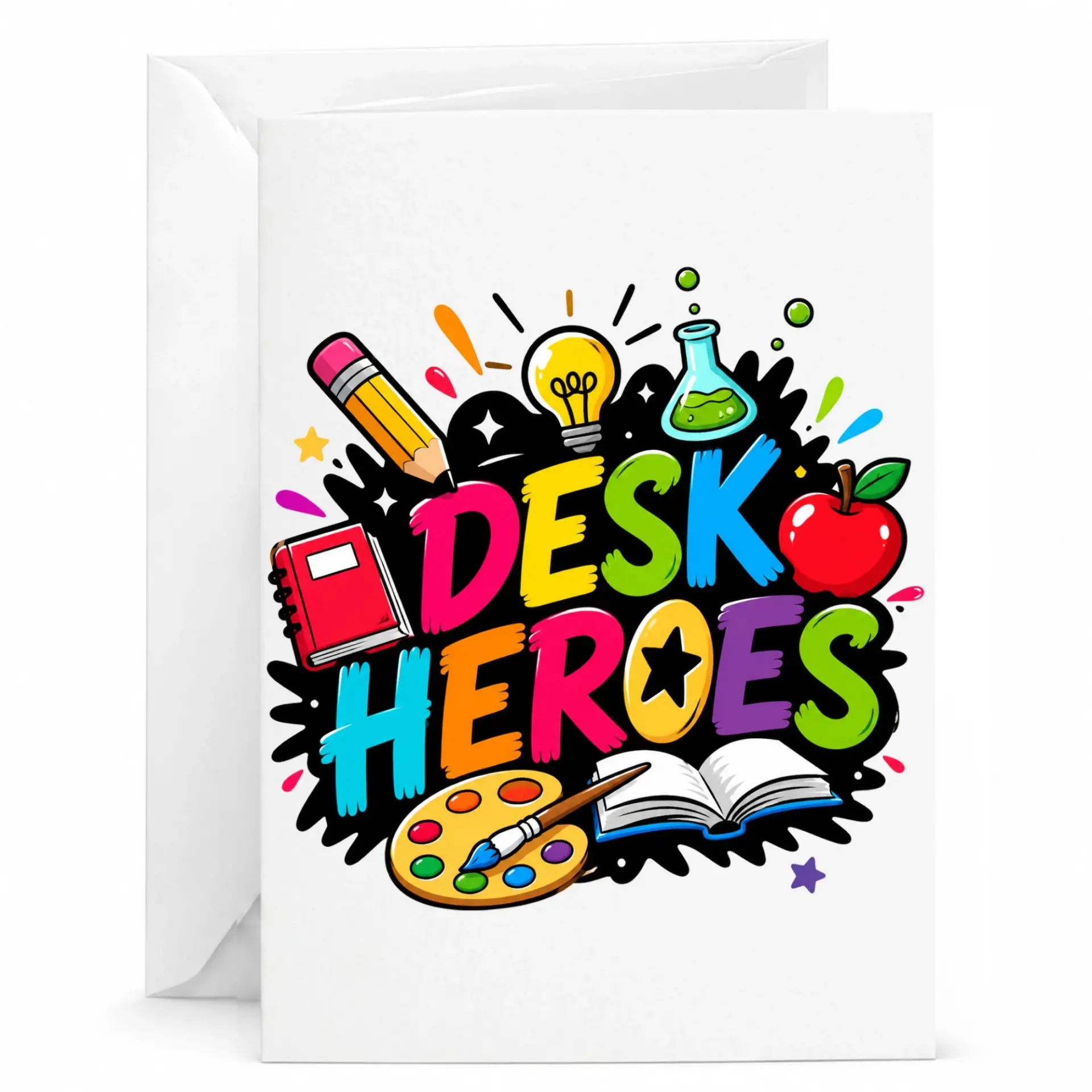 Greeting Card Desk Design Featuring Colorful Academic Symbols and Vibrant Typography for Appreciation