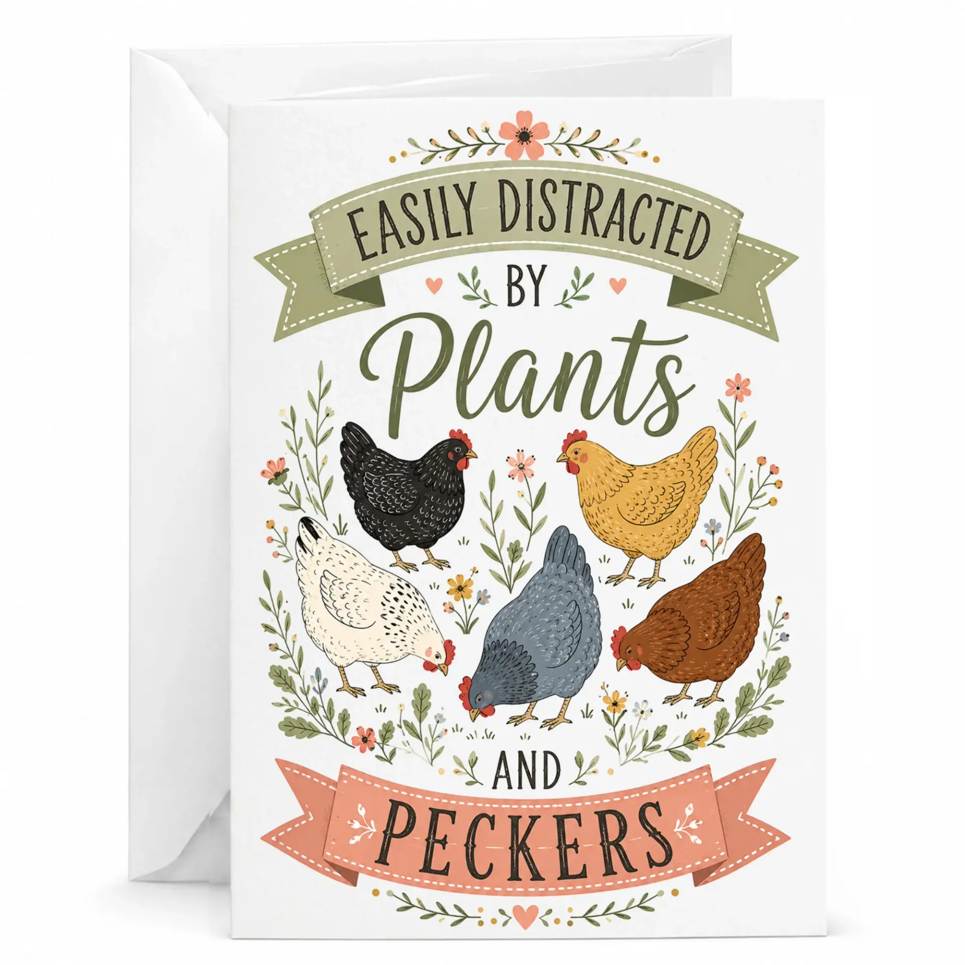 Funny Greeting Card Easily Distracted by Plants and Peckers for Gardening Chicken Lovers Humorous Plant Art
