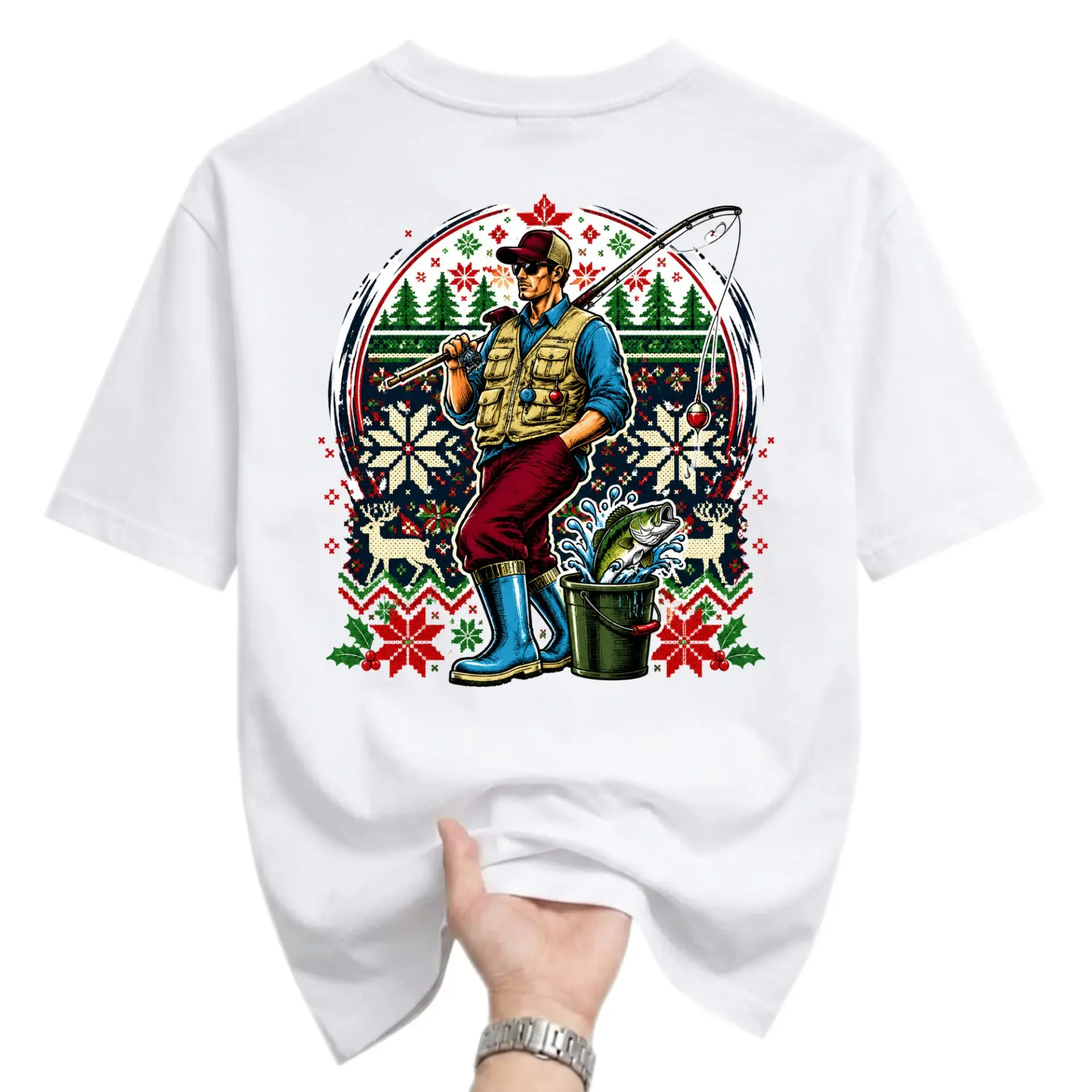 Graphic Tee Fishing Fisherman Outdoors Holiday Pattern Unisex Crew Neck