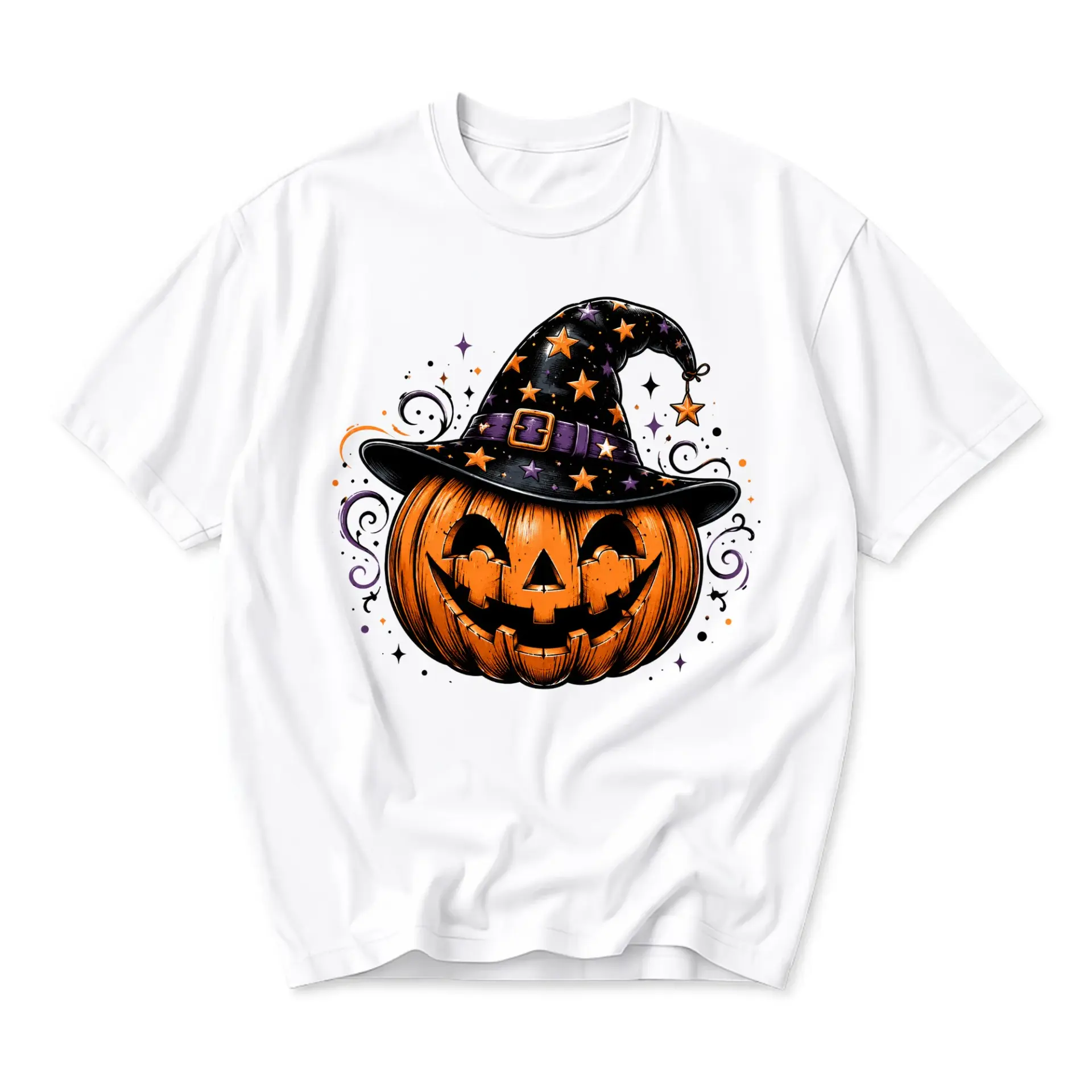 Graphic Tee Unisex Crew Neck T-Shirt Featuring a Spooky Jack-O-Lantern Wearing a Starry Purple and Black Witch Hat