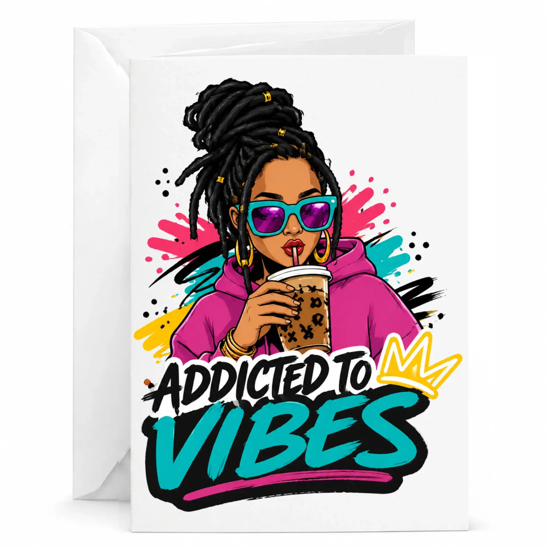 Funny Greeting Card Addicted to Vibes Fashionable Woman Illustration Premium Stationery for Personal Messages