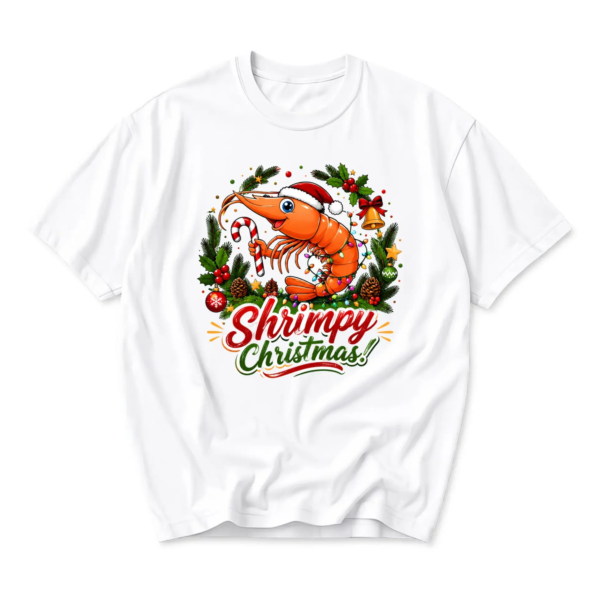 Funny Shirt Shrimpy Christmas Graphic Tee Holiday Season Crew Neck Short Sleeve Apparel for Men and Women White