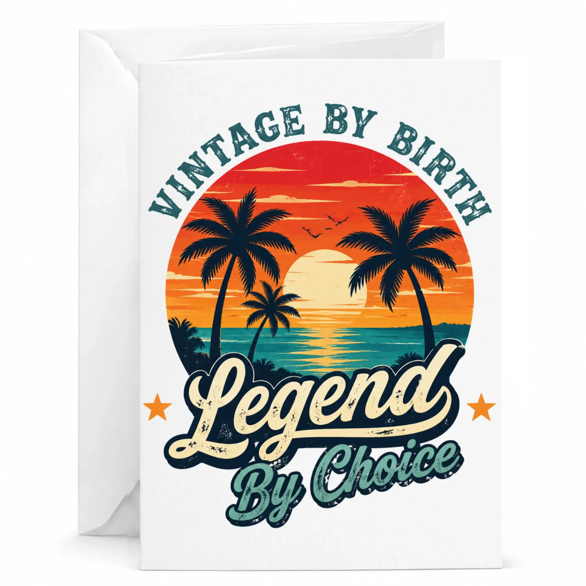 Funny Birthday Card Vintage by Birth Legend by Choice Retro Sunset Tropical Beach Graphic Greeting Card for Milestone