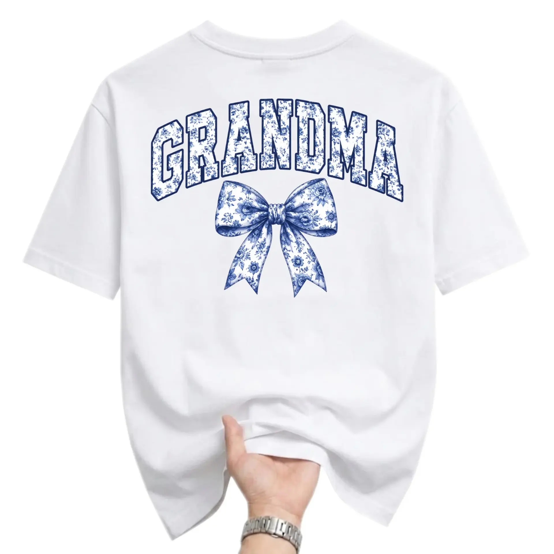 Graphic Tee Grandma Blue Floral Bow Print Unisex Crew Neck Shirt Comfortable Casual Everyday Apparel Gift Idea