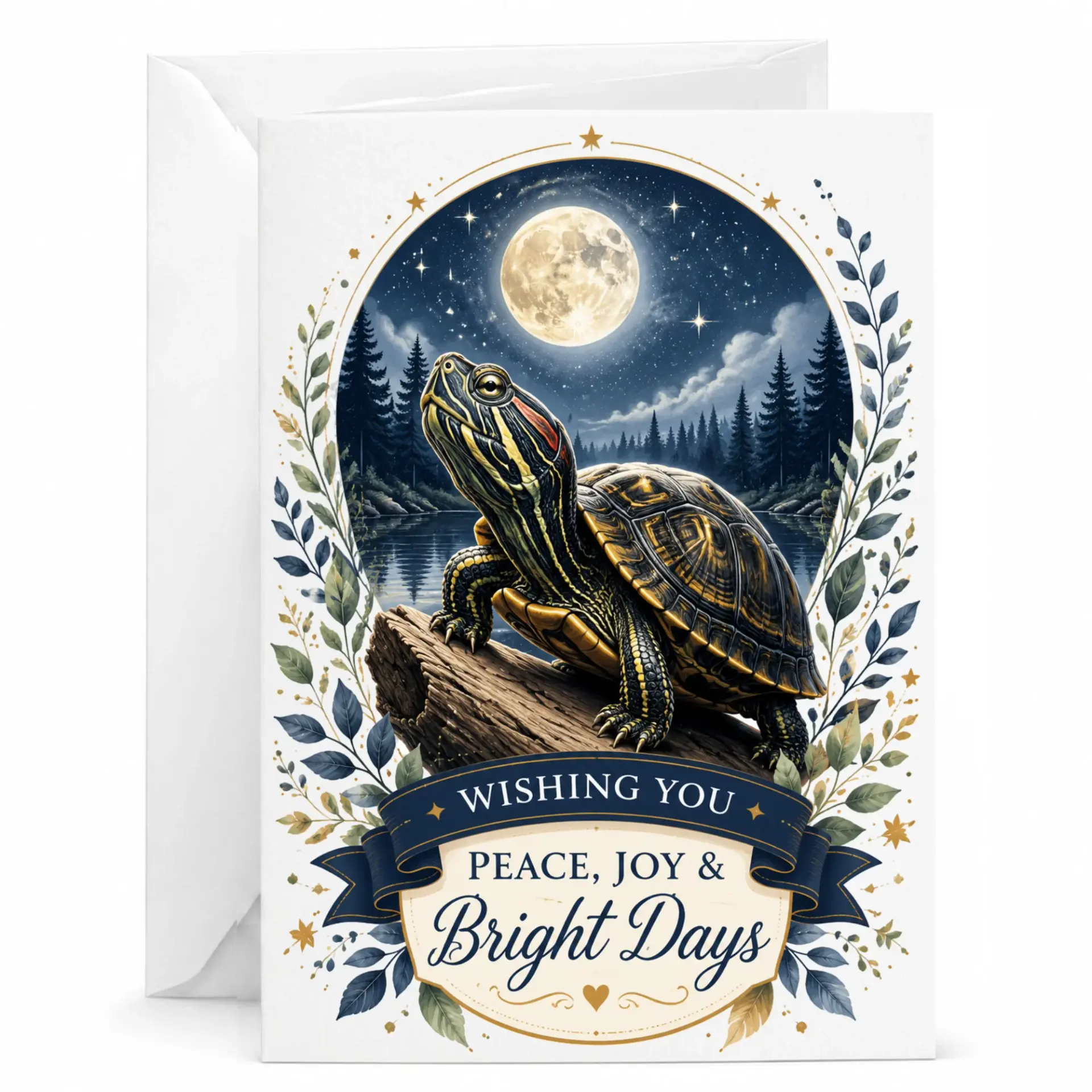 Greeting Card Wishing You Peace and Bright Days Featuring Turtle Moonlit Forest Scene for Special Occasions