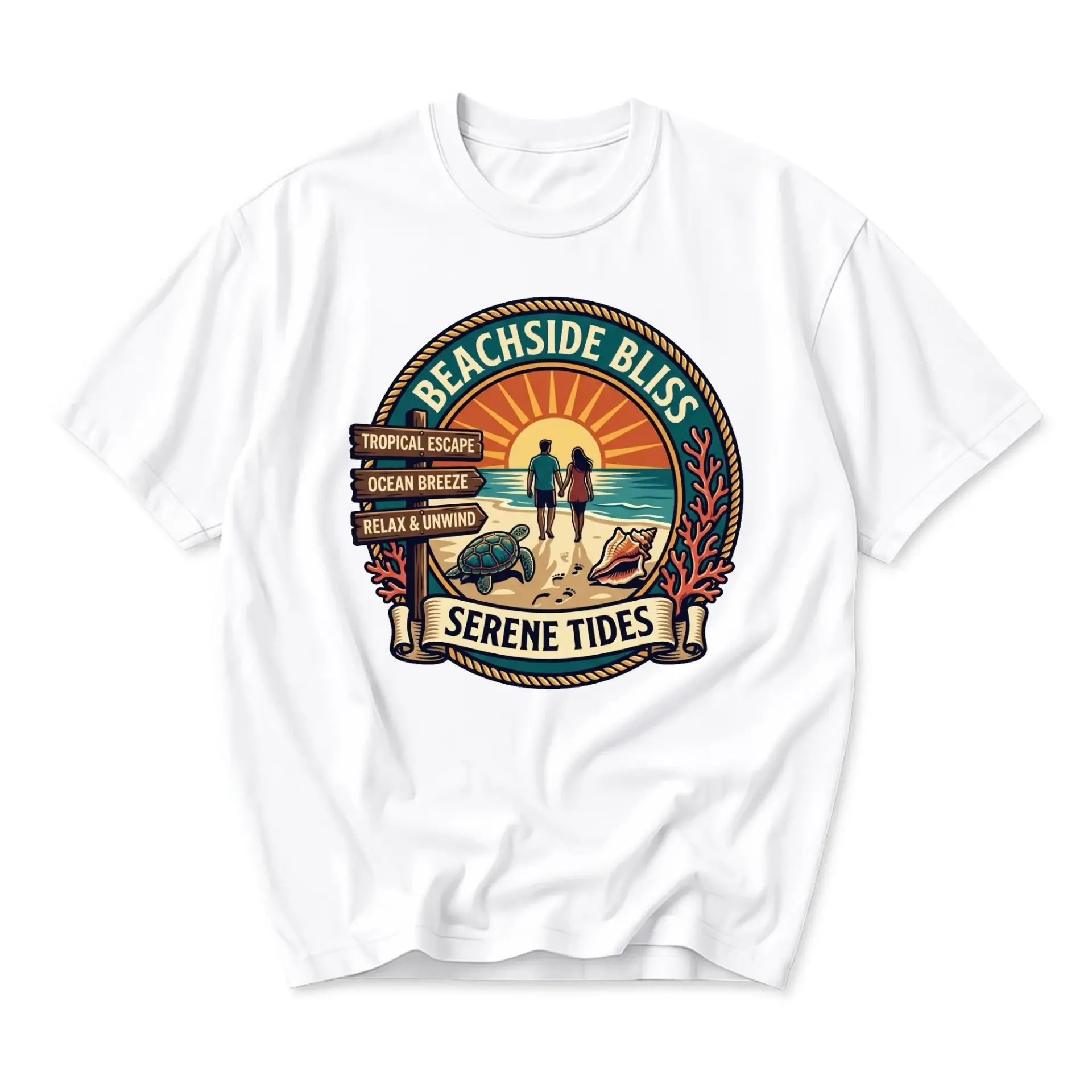 T-shirt Beachside Bliss Graphic Tee Featuring Tropical Sunset Ocean Scene and Sea Turtle Print Unisex Casual Top