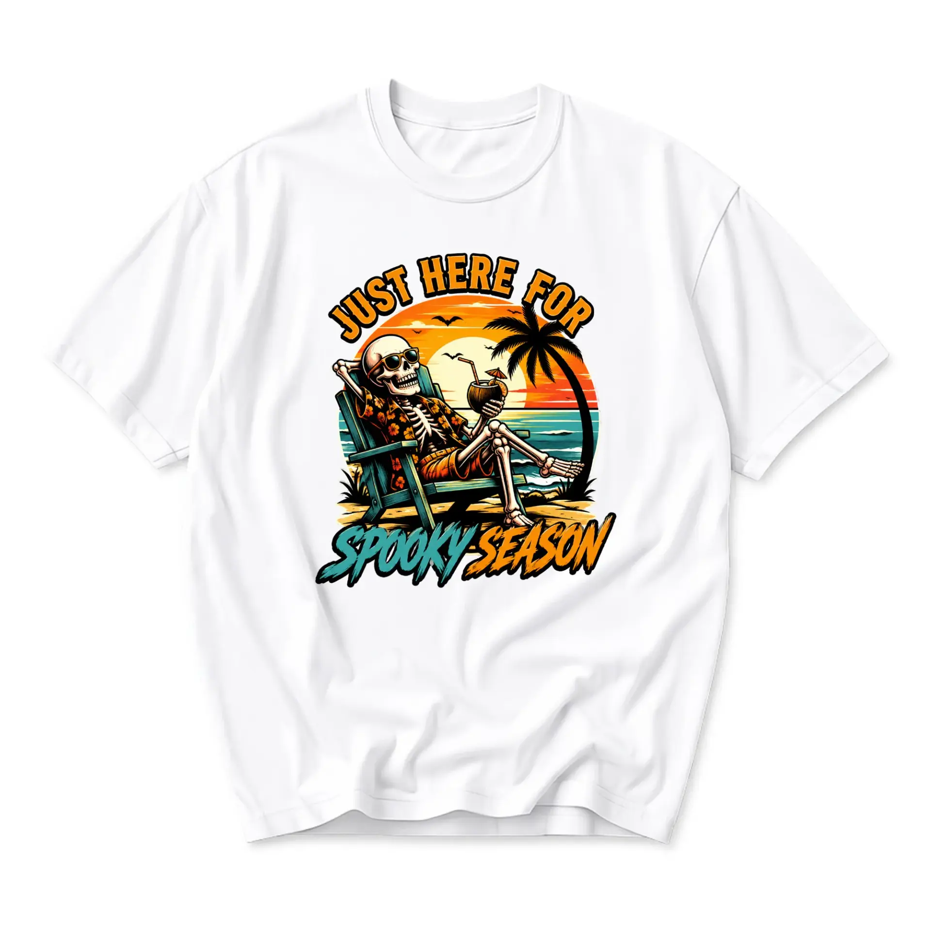 Funny Shirt Just Here for Spooky Season Graphic Tee Unisex Crew Neck Summer Skeleton Tropical Beach Vacation Apparel