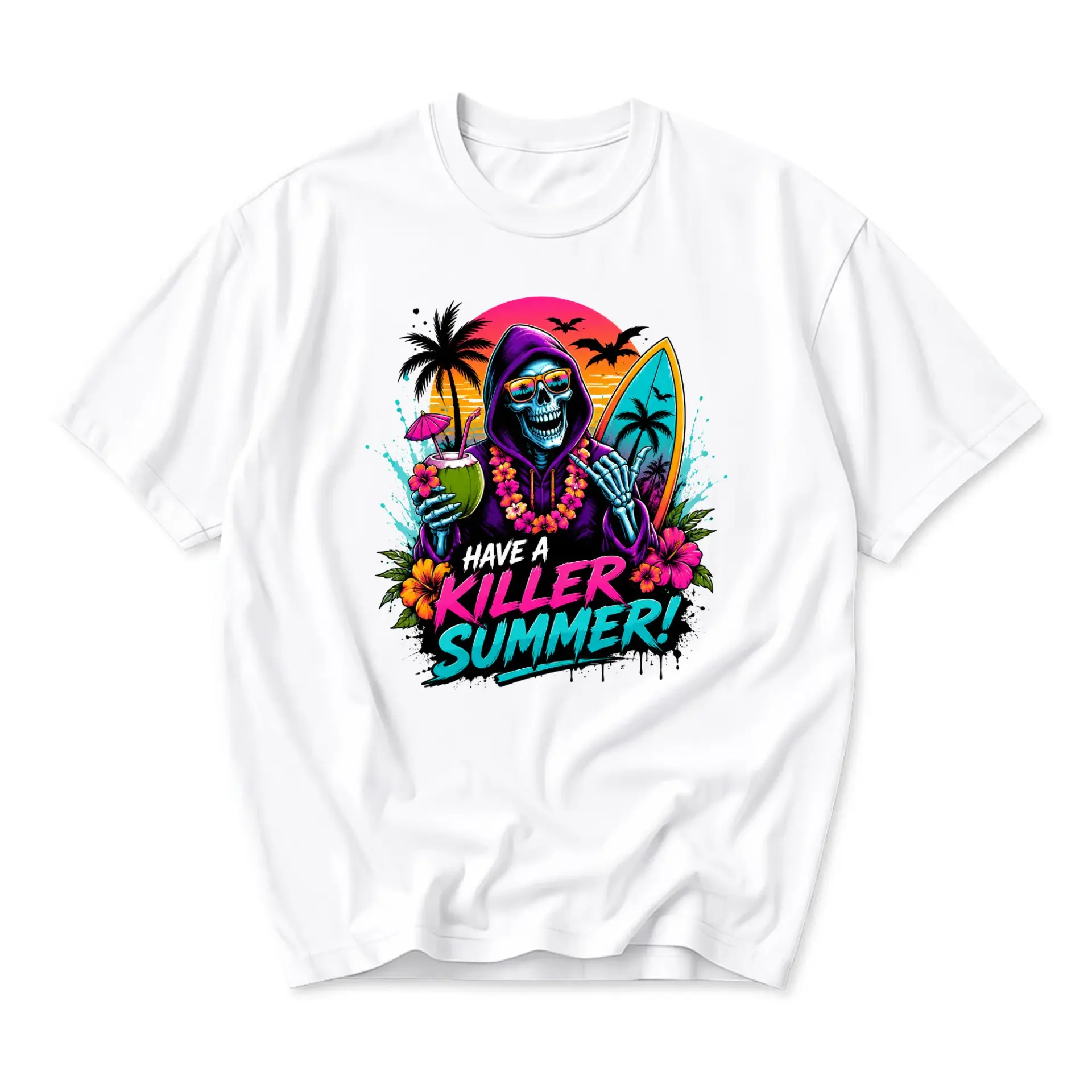 Graphic Tee Have a Killer Summer Skull Surfing Unisex Crew Neck Shirt for Casual Wear and Everyday Outfits