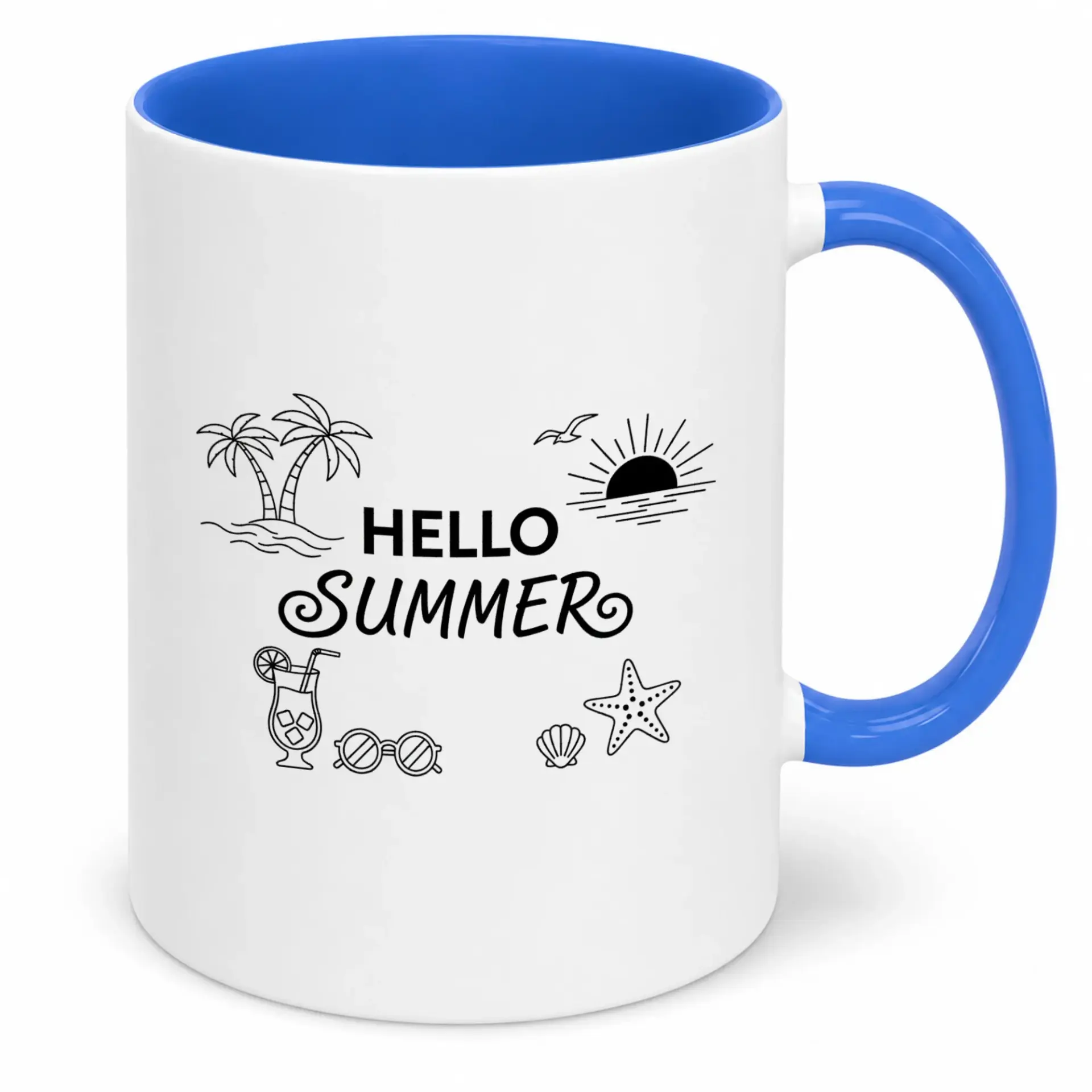 Summer Themed Ceramic Coffee Mug, Hello Summer Tropical Beach Design Drinkware with Palm Trees, Sunset, and Blue Handle Interior