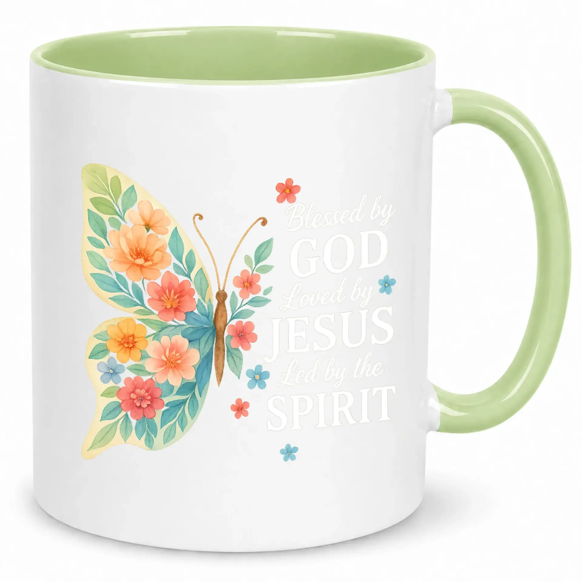 Inspirational Ceramic Coffee Mug with Butterfly Floral Design and Religious Quote, 11oz or 15oz White Glossy Finish Beverage Cup