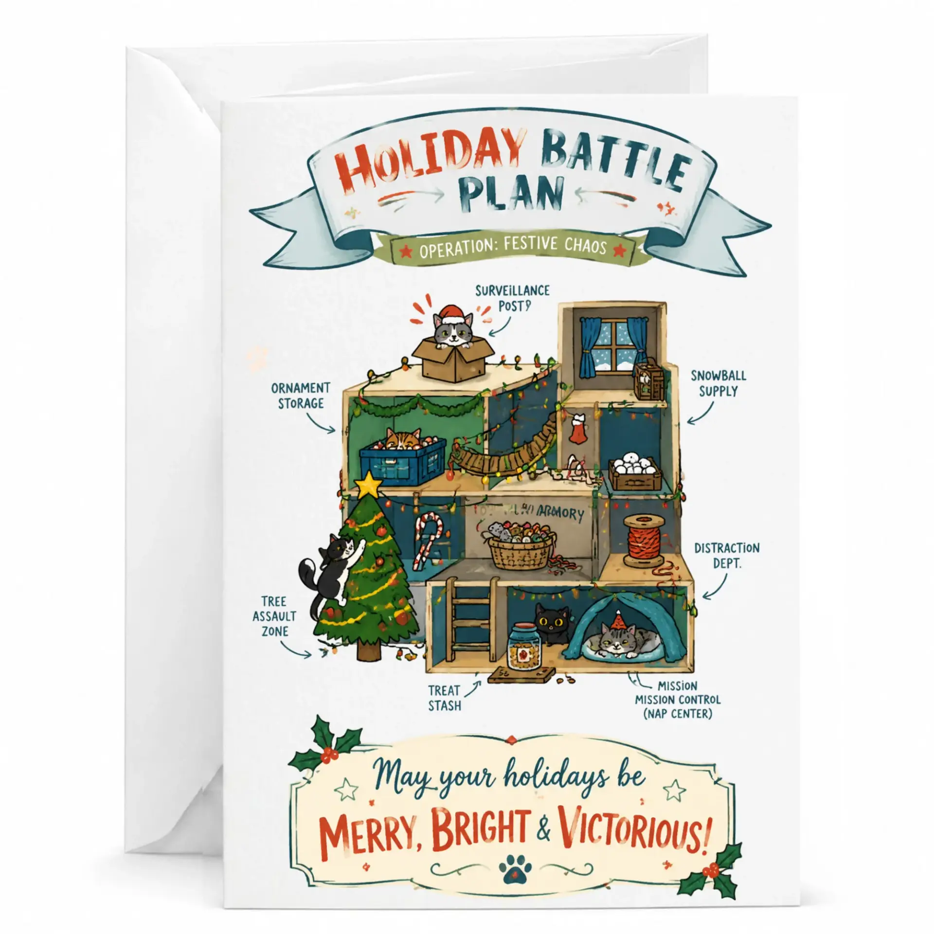 Funny Holiday Battle Plan Greeting Card with Envelope, Humorous Cat Themed Christmas Card, Festive Pet Illustration